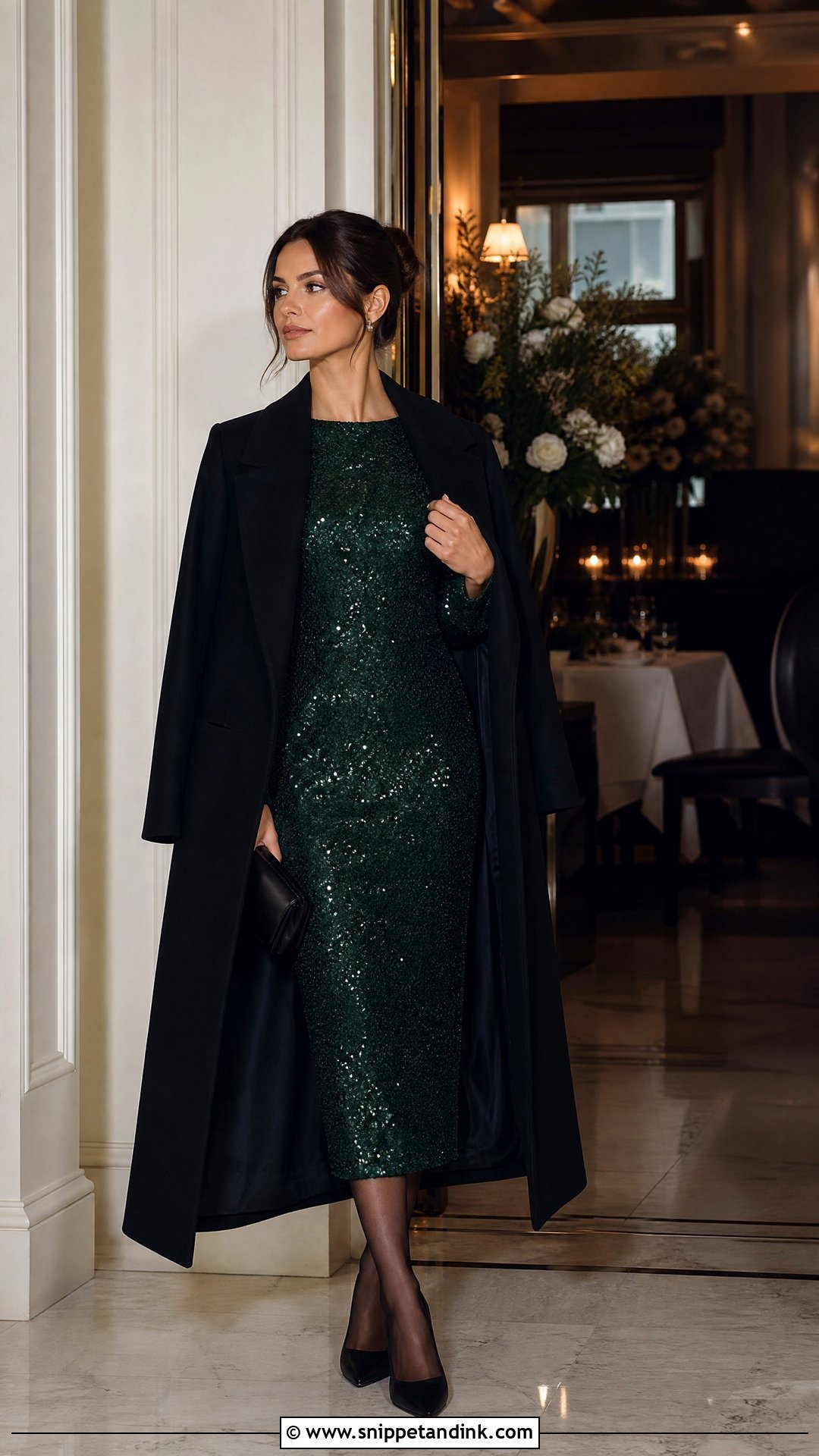 Sequin Midi Dress Winter Wedding Outfit - Snippet and Ink - 20 What to Wear to a Wedding in Winter Ideas