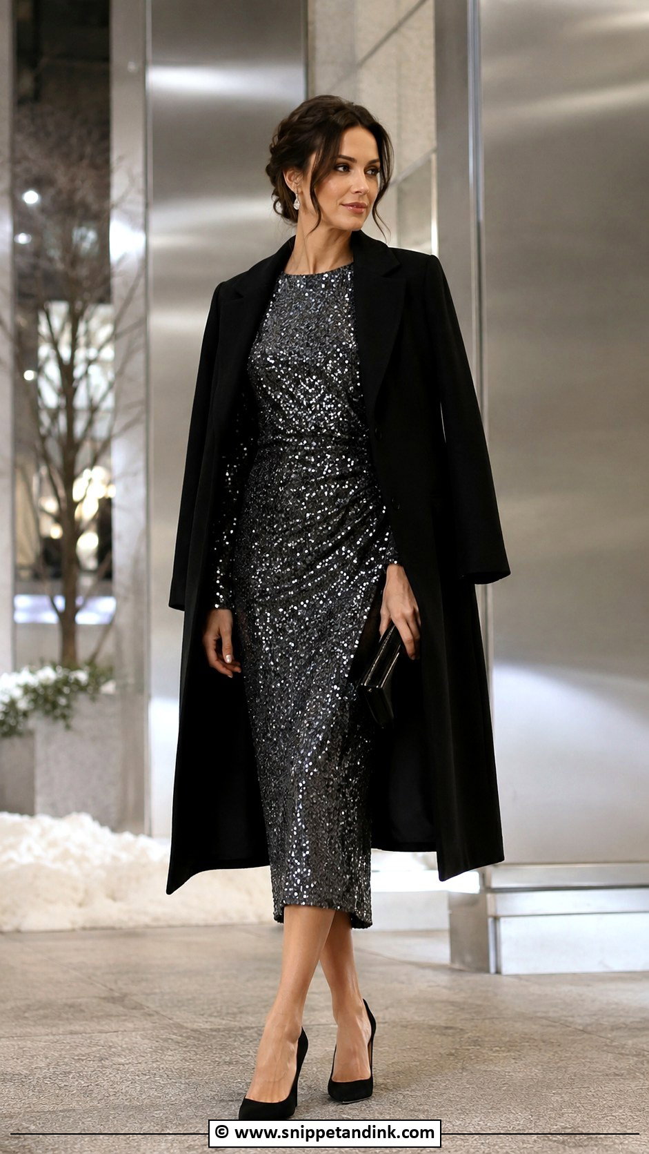 Sequin Midi Dress With Simple Black Coat - Snippet and Ink - 35 Winter Wedding Dress Ideas