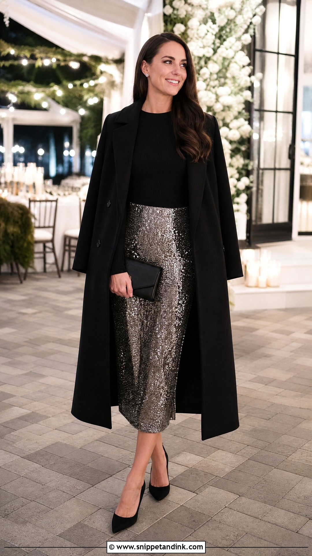 Sequin Midi Skirt And Knit Top Winter Wedding Outfit - Snippet and Ink - 20 Semi Formal Winter Wedding Attire Ideas