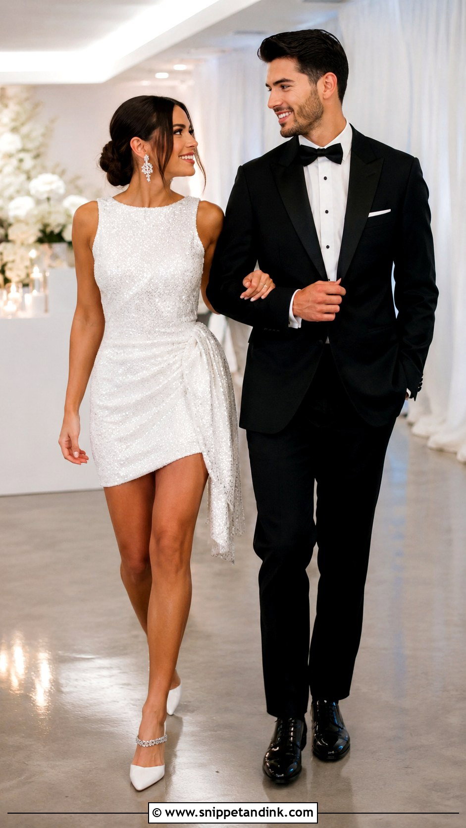 Sequin Reception Dress And Black Tuxedo Wedding Couple Outfit - Snippet and Ink - 25 Wedding Couple Outfits