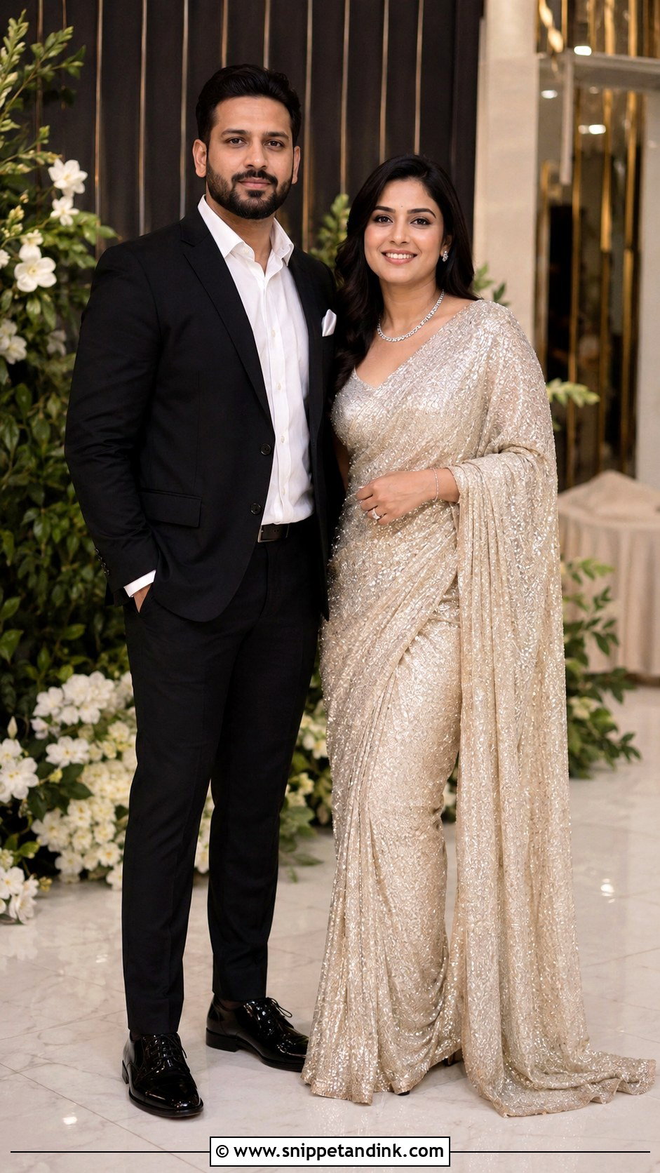 Sequin Saree And Classic Suit - Snippet and Ink - 25 Indian Couple Ring Ceremony Dress Ideas