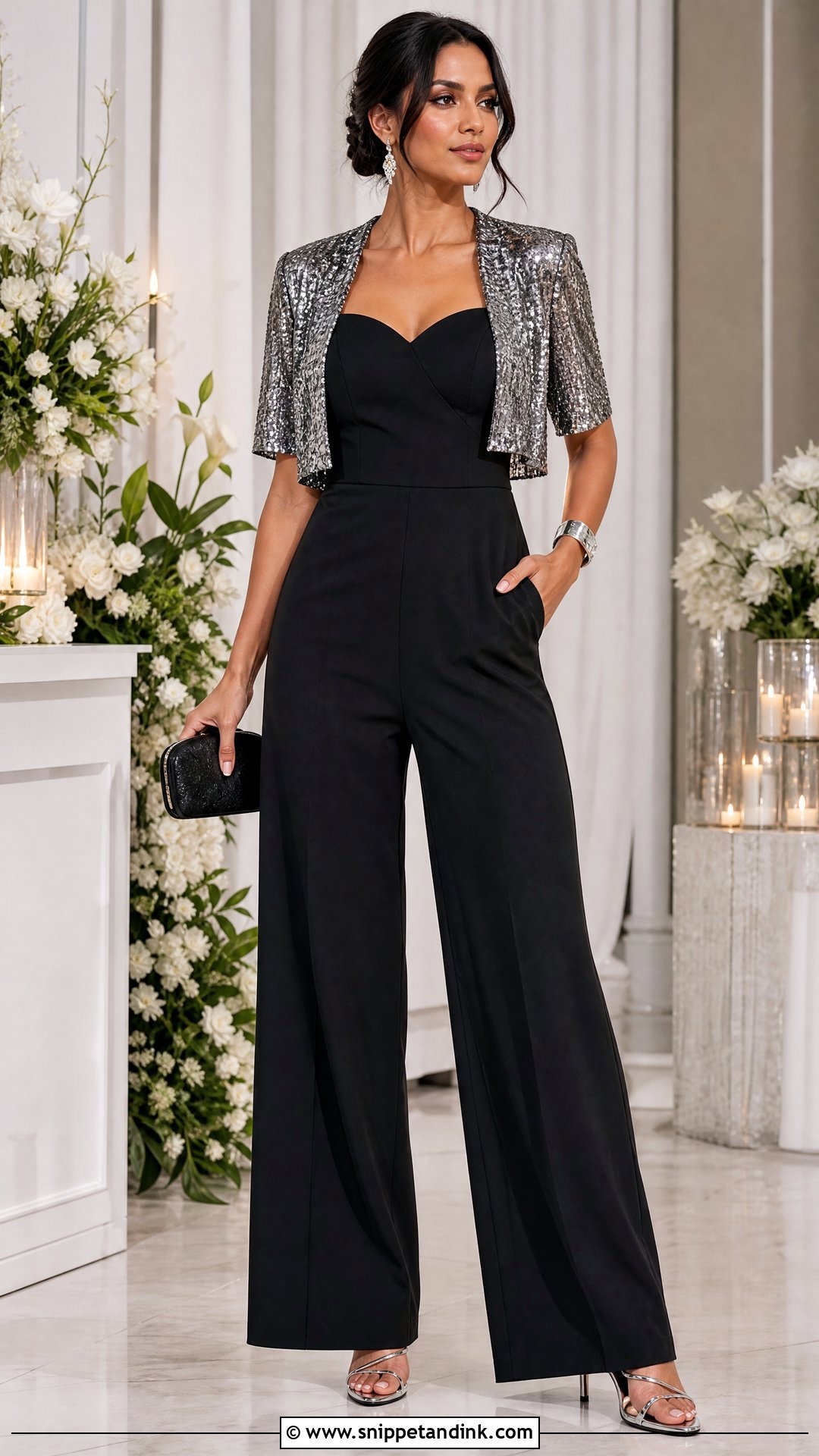 Sequin Shrug With Black Jumpsuit - Snippet and Ink - 25 Shrug Outfit Ideas for Wedding