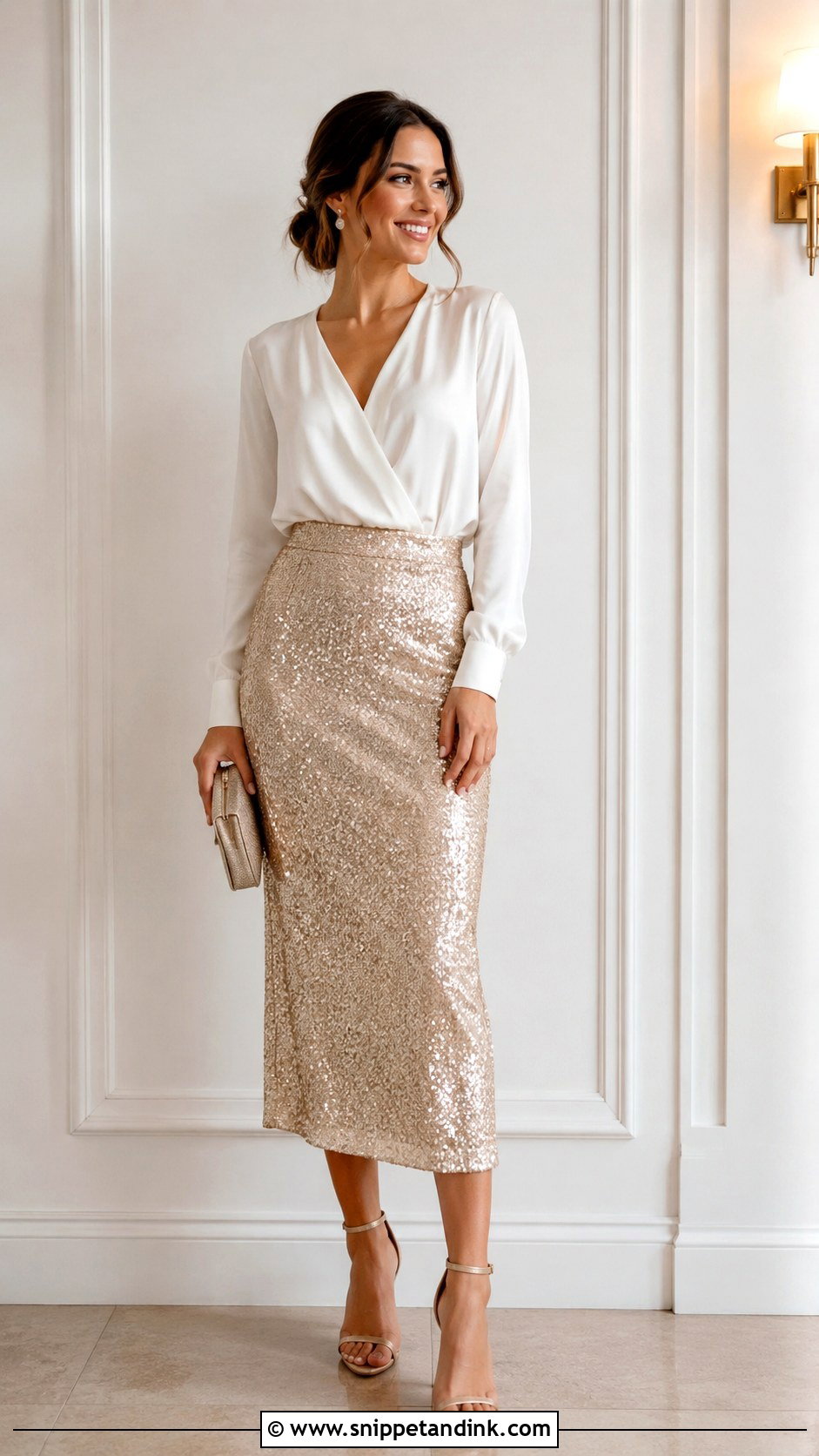 Sequin Skirt And Blouse Rehearsal Dinner Outfit - Snippet and Ink - 25 Rehearsal Dinner Outfits