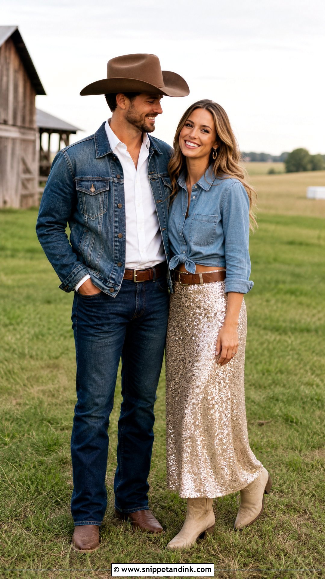 Sequin Skirt And Denim Shirt Western Outfit - Snippet and Ink - 20 Western Pre Wedding Shoot Outfit Ideas