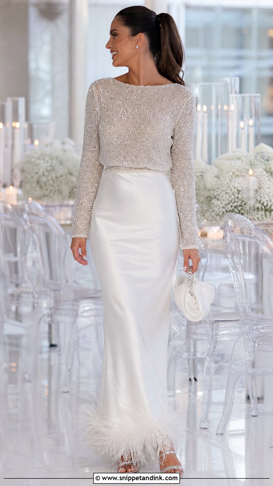 Sequin Top And Feather Trim Skirt Wedding Dress - Snippet and Ink - 20 Two Pieces Wedding Dress Ideas
