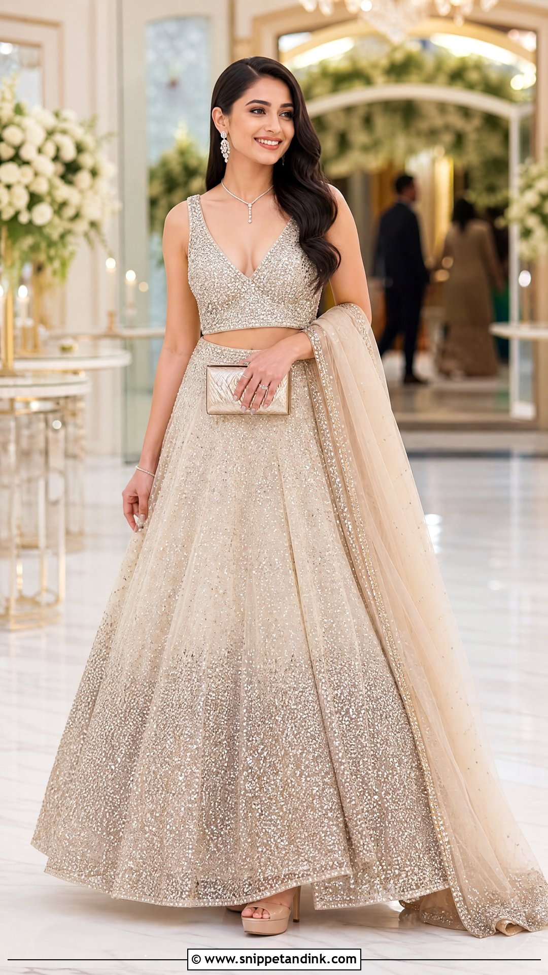 Sequin V Neck Bridal Blouse With Reception Lehenga - Snippet and Ink - 20 V Neck Bridal Blouse Ideas