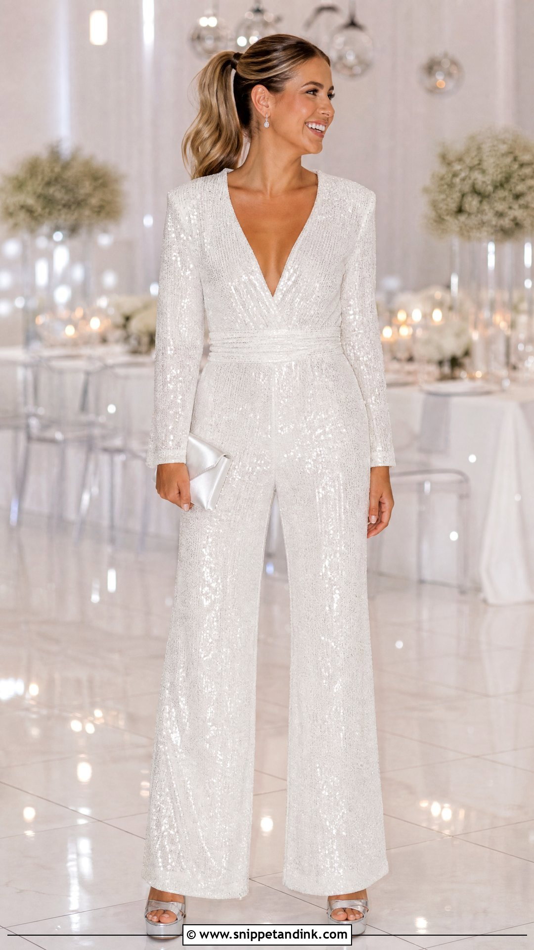 Sequin White Bridal Jumpsuit With Platform Heels - Snippet and Ink - 20 White Bridal Jumpsuit Ideas