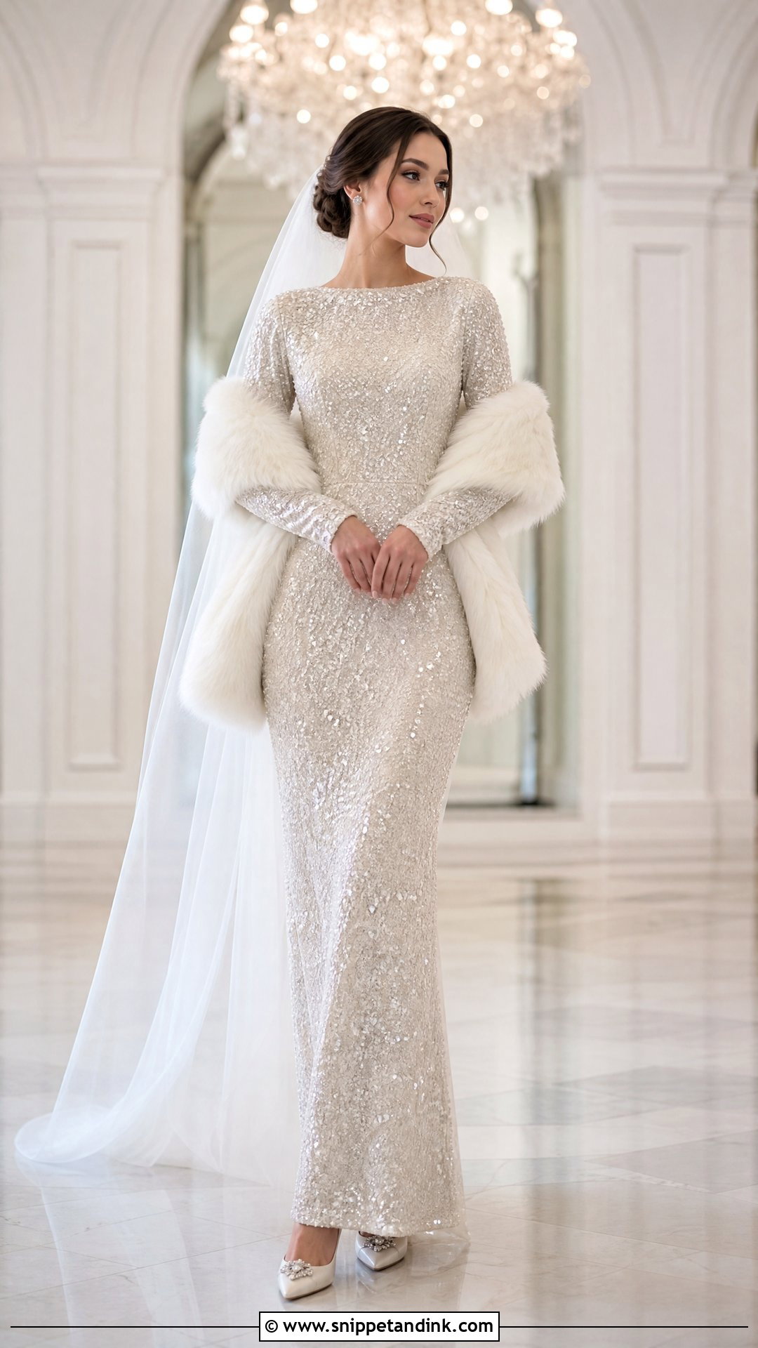 Sequined Long Sleeve Winter Bride Outfit - Snippet and Ink - 20 Winter Bride Outfits