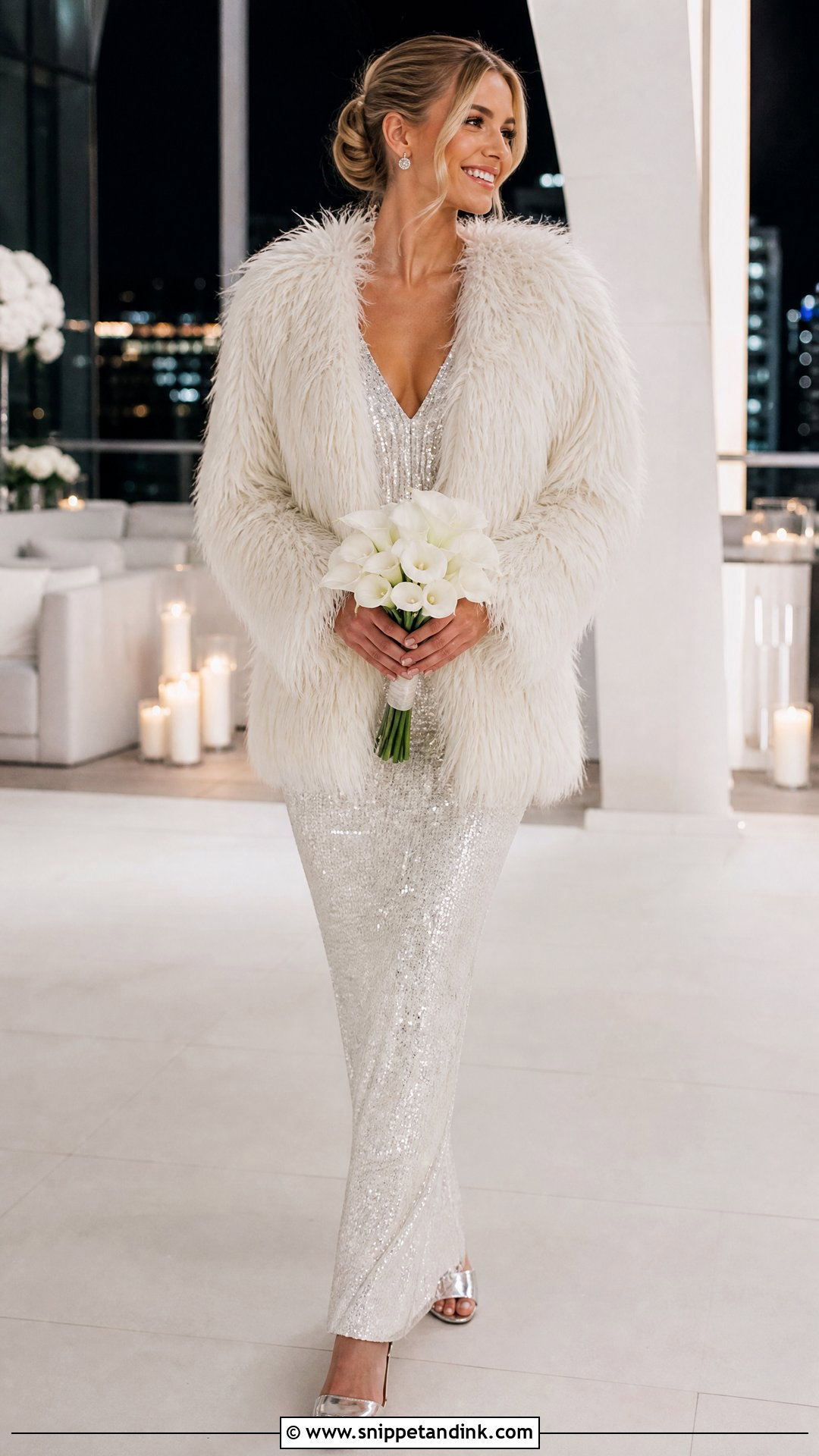 Shaggy Fur Coat With Sequin Wedding Dress - Snippet and Ink - 20 Wedding Fur Coat Ideas