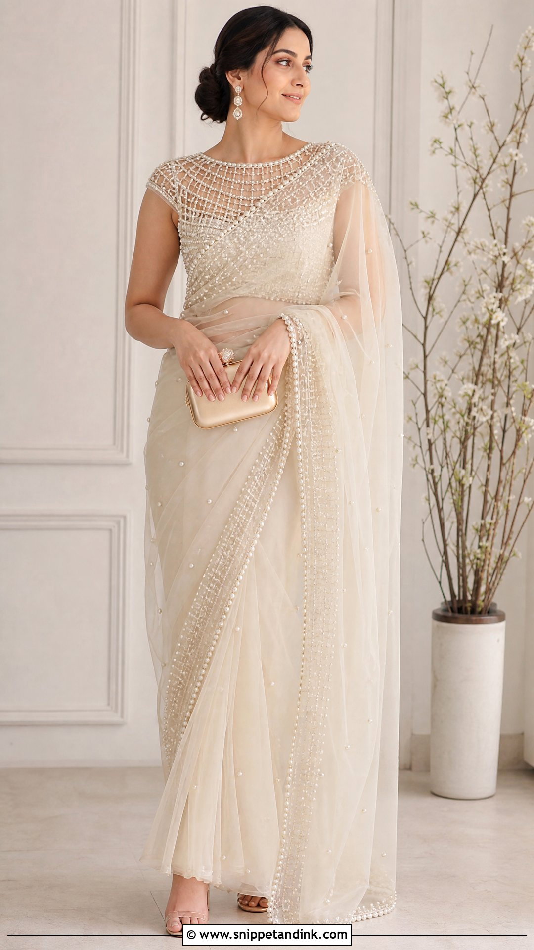 Shagun Blouse Design With Pearl Work Saree - Snippet and Ink - 25 Shagun Blouse Designs