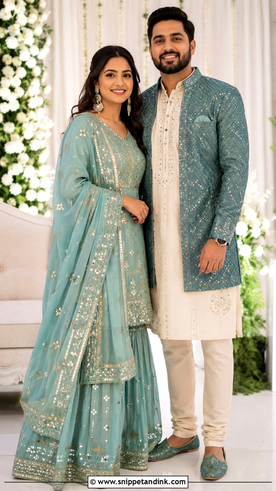 Sharara Set And Embroidered Kurta - Snippet and Ink - 25 Indian Couple Ring Ceremony Dress Ideas