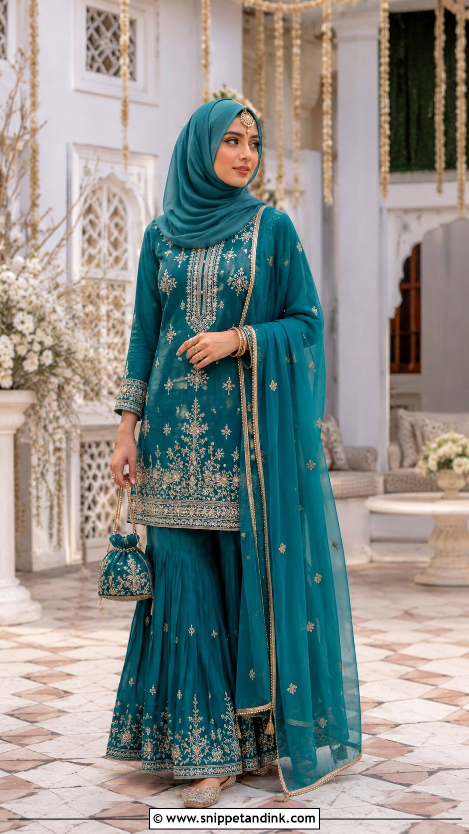 Sharara Suit With Chiffon Hijab - Snippet and Ink - 20 Ied Mubarak Outfit Hijab Ideas