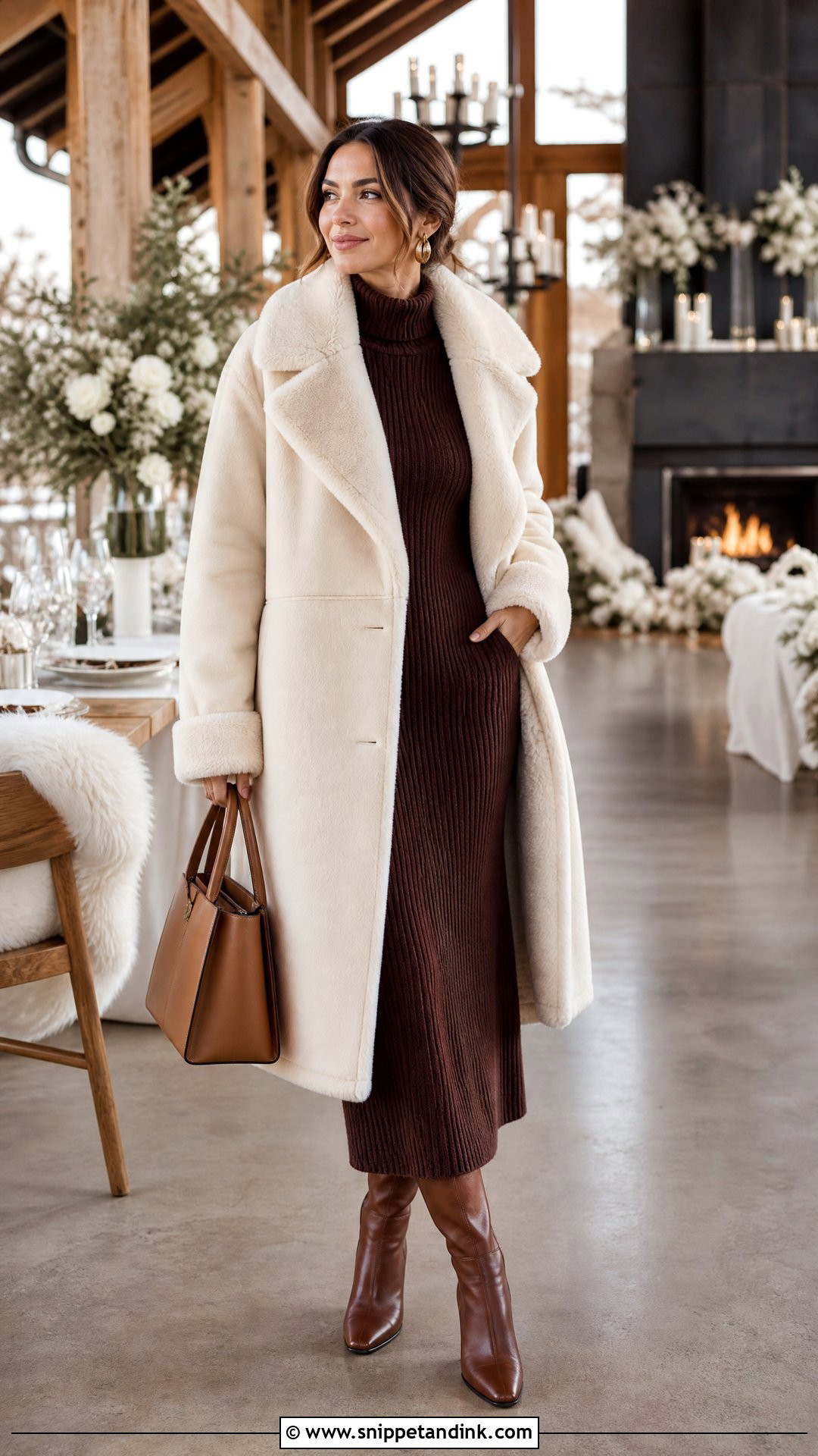 Shearling Wedding Coat With Knit Dress - Snippet and Ink - 25 Wedding Coat Ideas