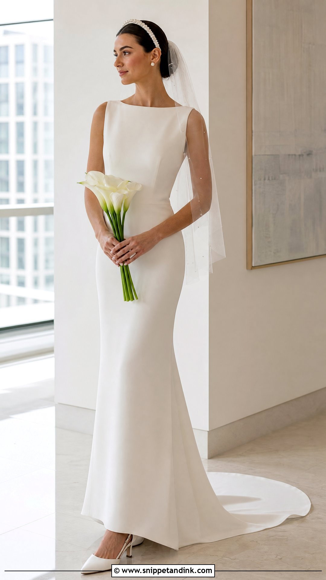 Sheath Crepe Wedding Dress With Pearl Headband - Snippet and Ink - 20 Simple Traditional Wedding Dress Ideas
