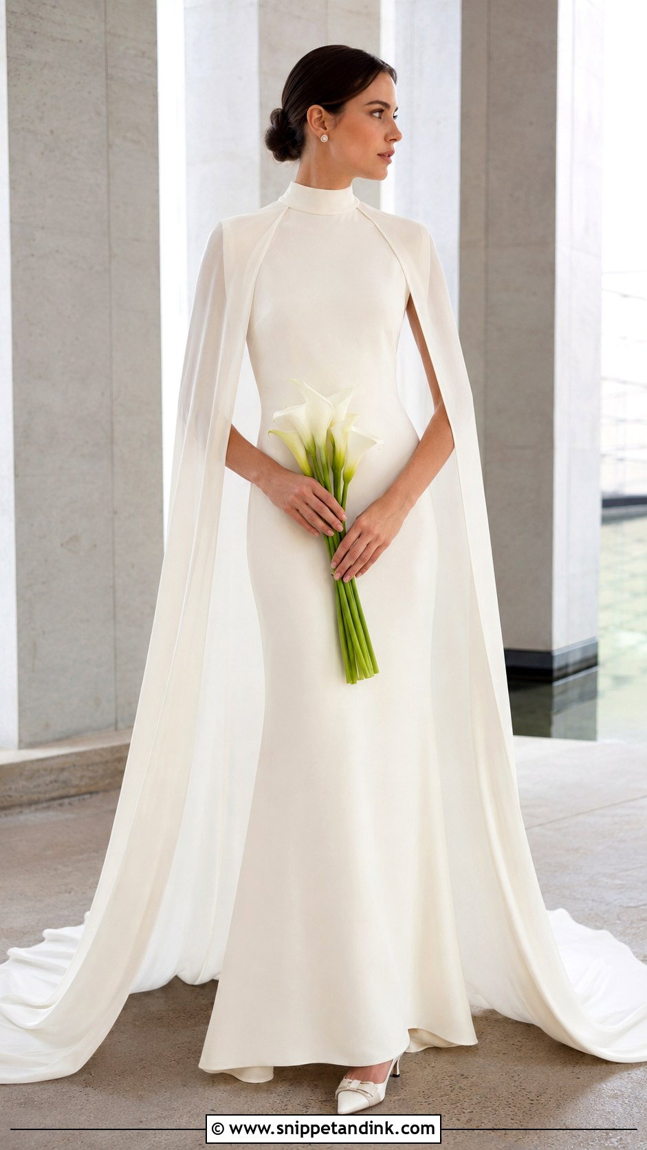 Sheath Wedding Dress With Modest Bridal Cape - Snippet and Ink - 20 Modest Simple Wedding Dress Ideas