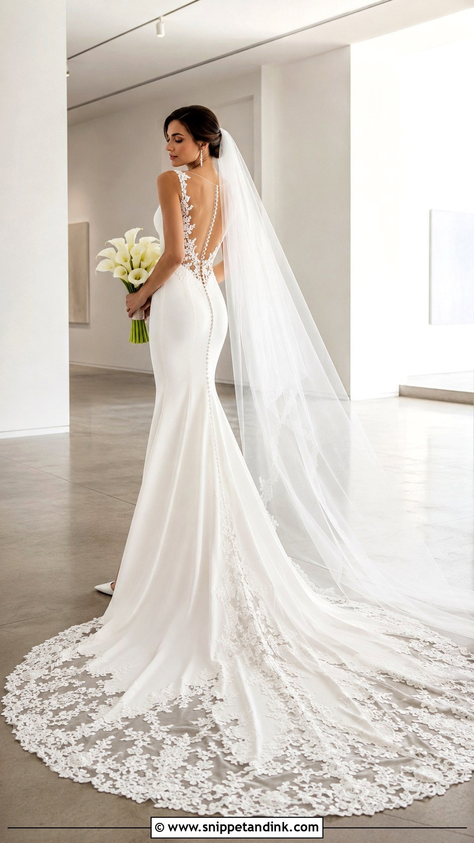 Sheer Back Crepe Wedding Dress With Lace Train - Snippet and Ink - 20 David’s Bridal Wedding Dresses