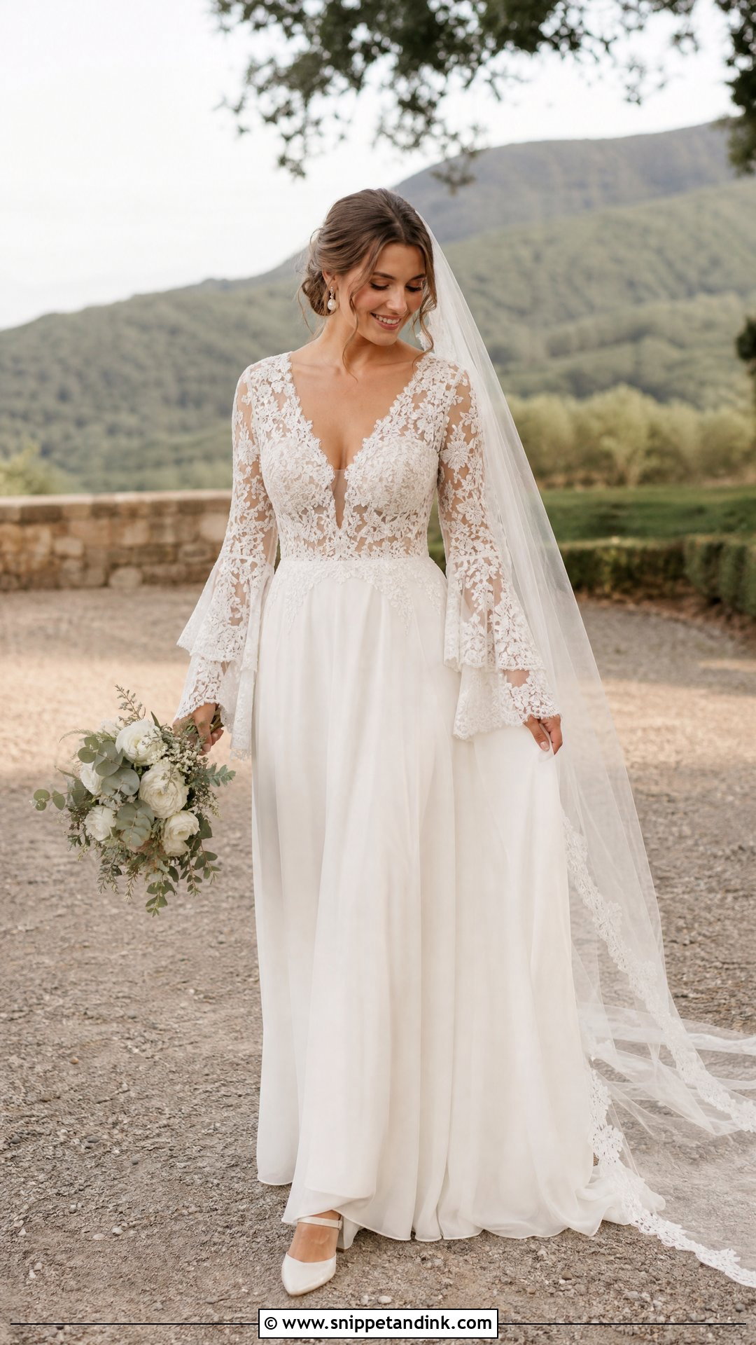 Sheer Bell Sleeve Lace Wedding Dress - Snippet and Ink - 20 Sheer Sleeve Wedding Dress Ideas