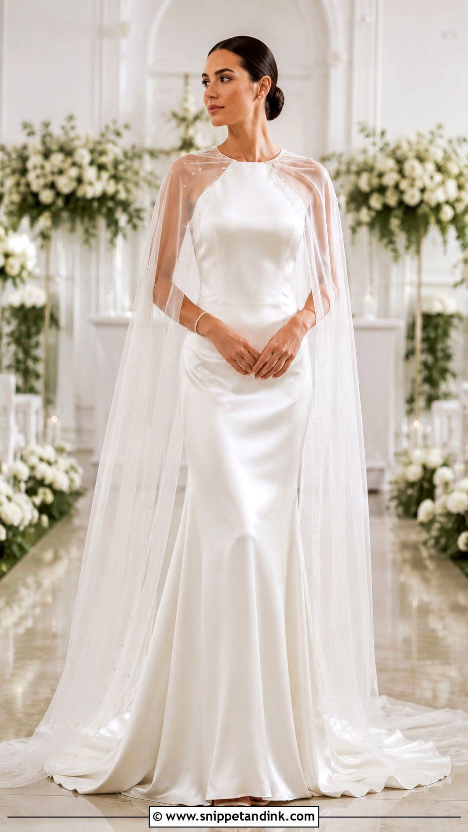 Sheer Bridal Cape With Satin Wedding Dress - Snippet and Ink - 25 Wedding Dress Coverup Ideas
