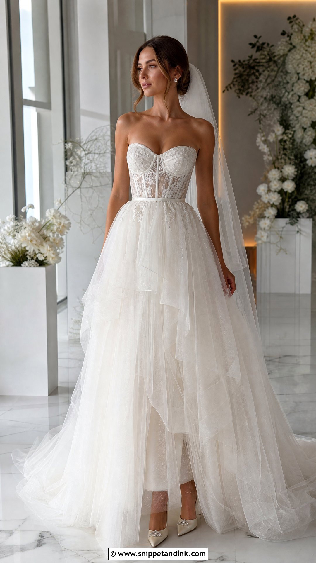 Sheer Bridal Corset Top With Layered Tulle Skirt - Snippet and Ink - 20 Bridal Corset Top Ideas