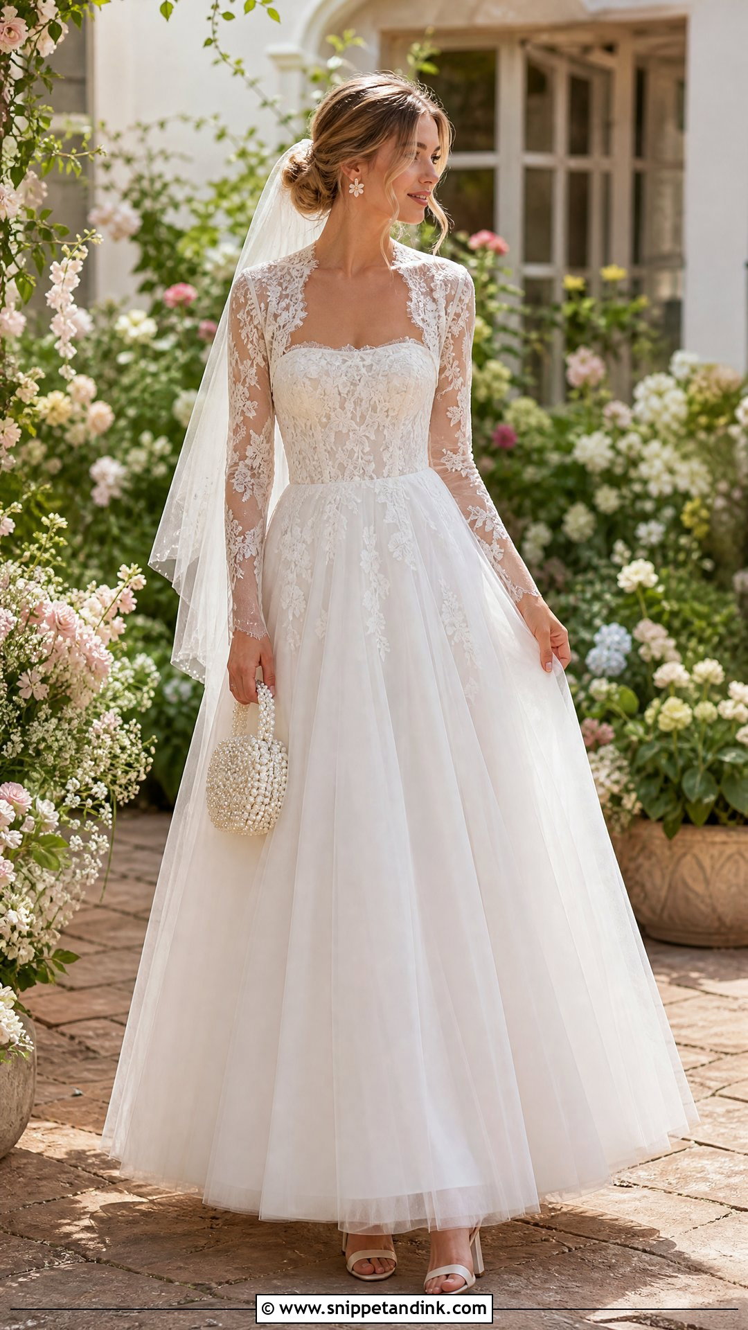 Sheer Lace Bolero With Tulle A Line Dress - Snippet and Ink - 25 Lace Bolero Wedding Ideas