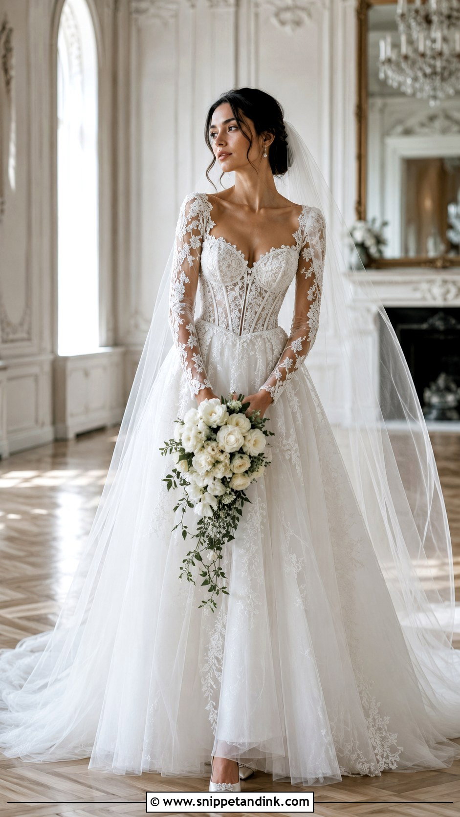 Sheer Lace Sleeve Basque Waist Wedding Dress - Snippet and Ink - 20 Long Sleeve Basque Waist Wedding Dress Ideas