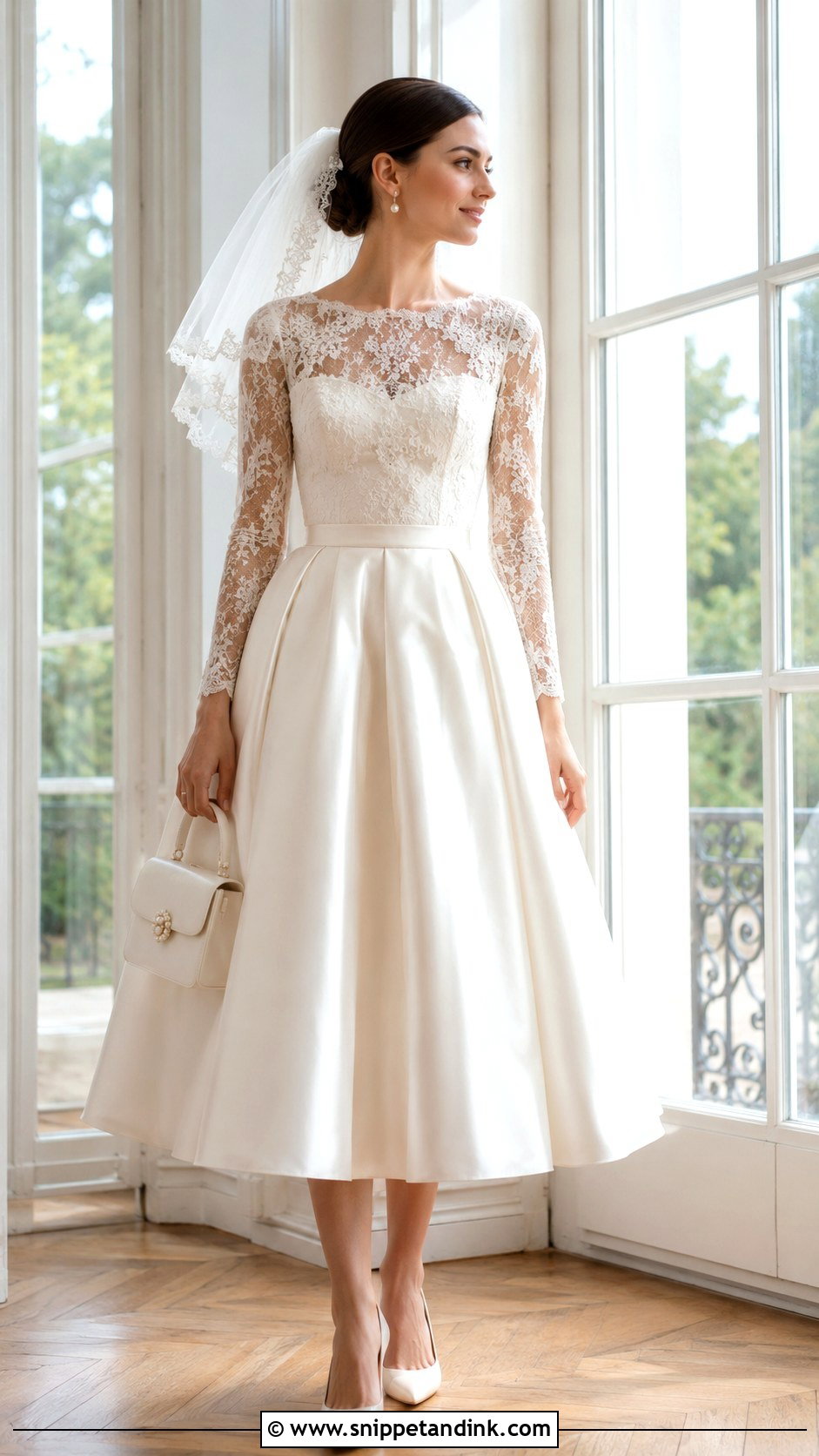 Sheer Lace Sleeve Midi Wedding Dress With Full Skirt - Snippet and Ink - 20 Midi Wedding Dress with Sleeves