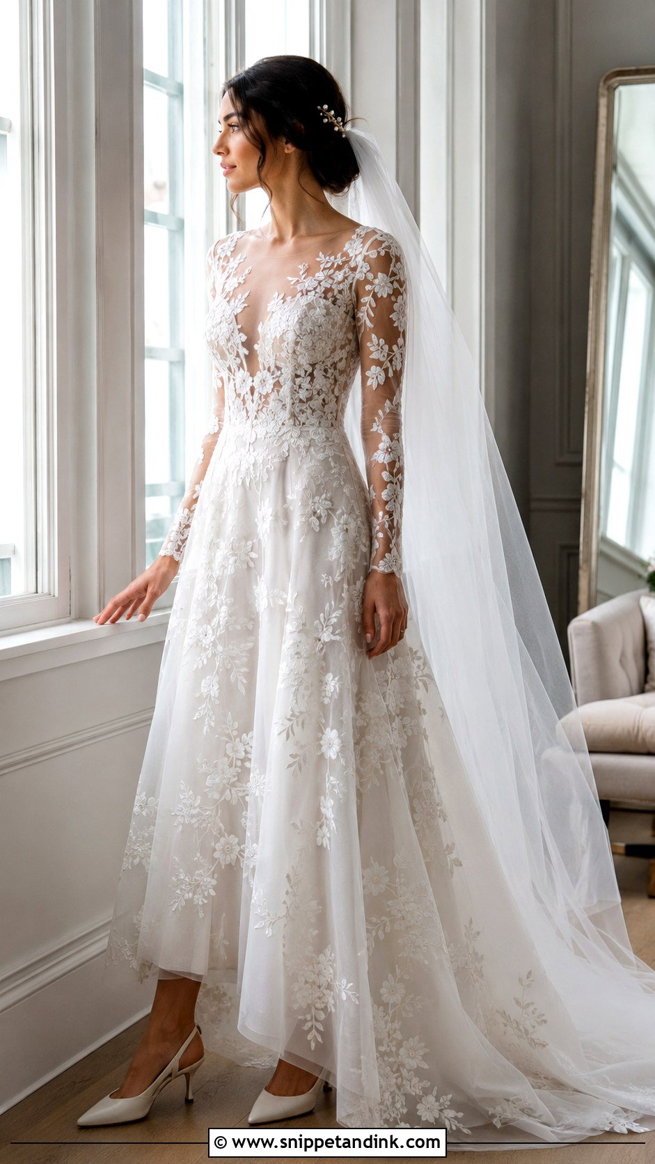 Sheer Long Sleeve Floral Wedding Dress - Snippet and Ink - 20 Modern Romantic Wedding Dress Ideas