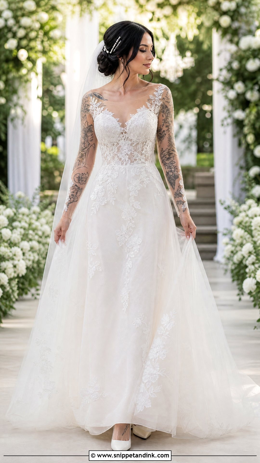 Sheer Long Sleeve Wedding Dress - Snippet and Ink - 20 Tattooed Bride Wedding Dress Ideas