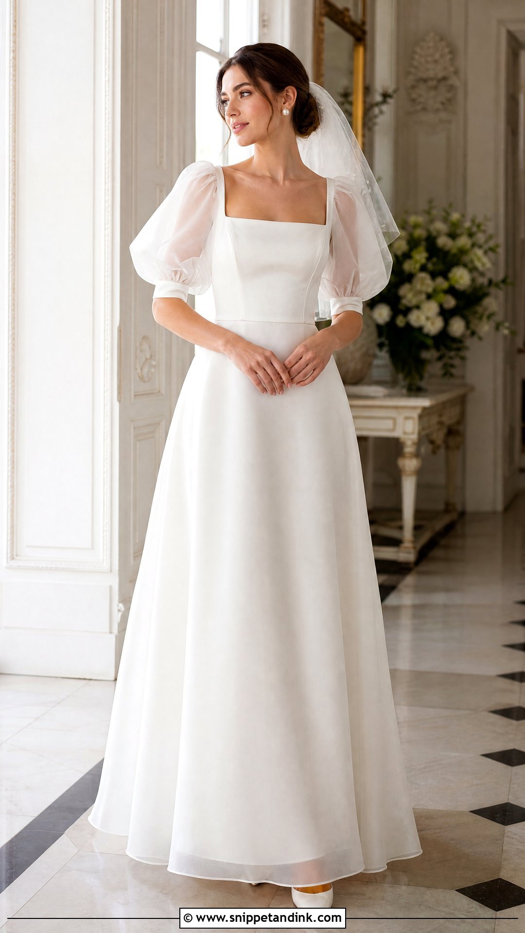 Sheer Puff Sleeve Square Neck Wedding Dress - Snippet and Ink - 20 Sheer Sleeve Wedding Dress Ideas