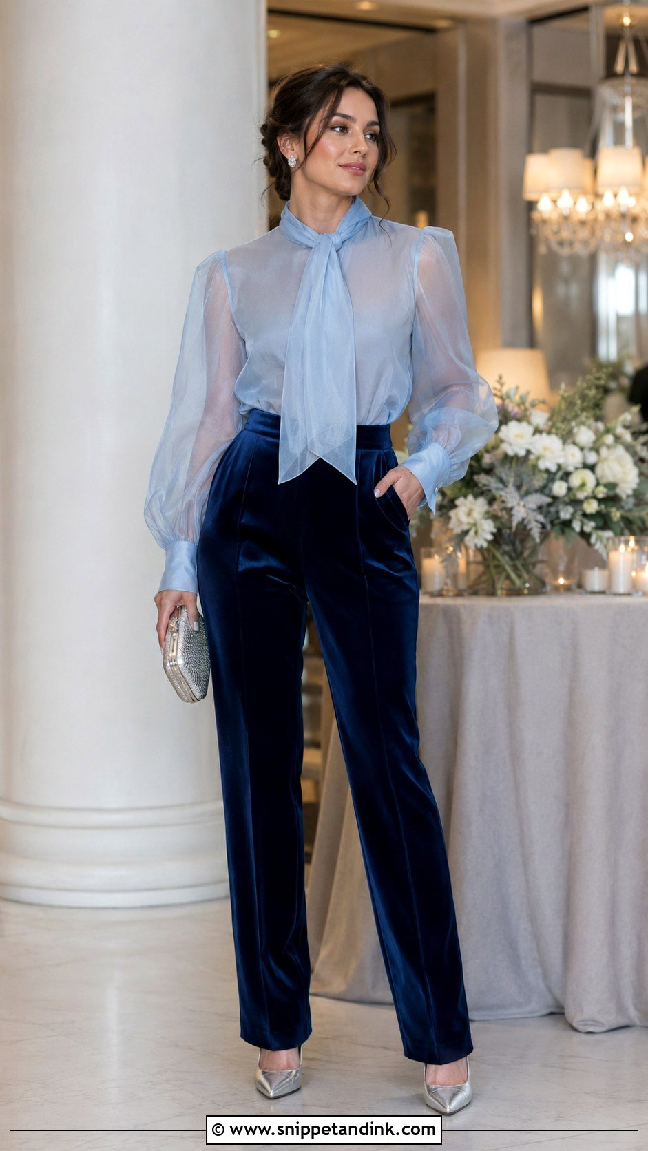 Sheer Sleeve Blouse With Velvet Pants Wedding Outfit - Snippet and Ink - 20 Blouse and Pants Wedding Outfit Ideas