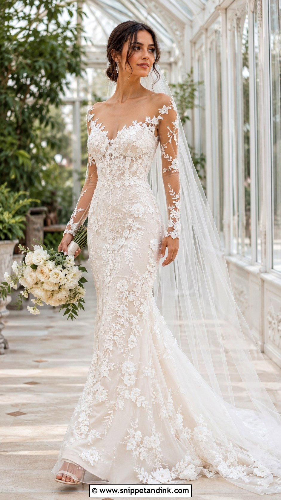 Sheer Sleeve Bridal Dress With Floral Applique - Snippet and Ink - 20 Bridal Dresses with Sleeves