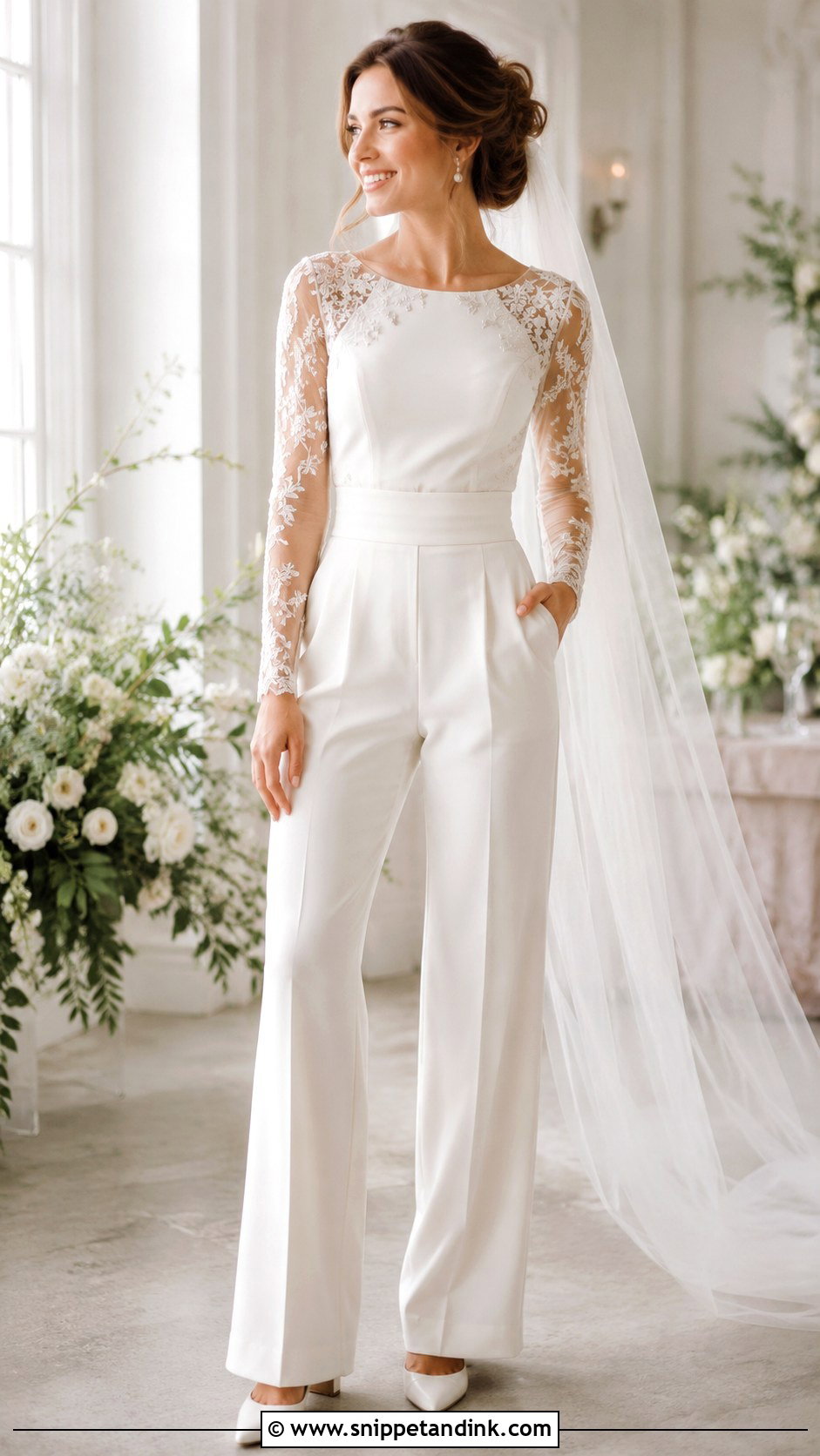 Sheer Sleeve Bridal Pants Outfit - Snippet and Ink - 20 Bride Pants Ideas