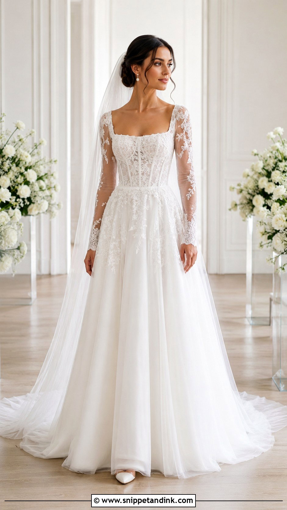 Sheer Sleeve Corset Wedding Dress - Snippet and Ink - 20 Bridgerton Inspired Wedding Dresses