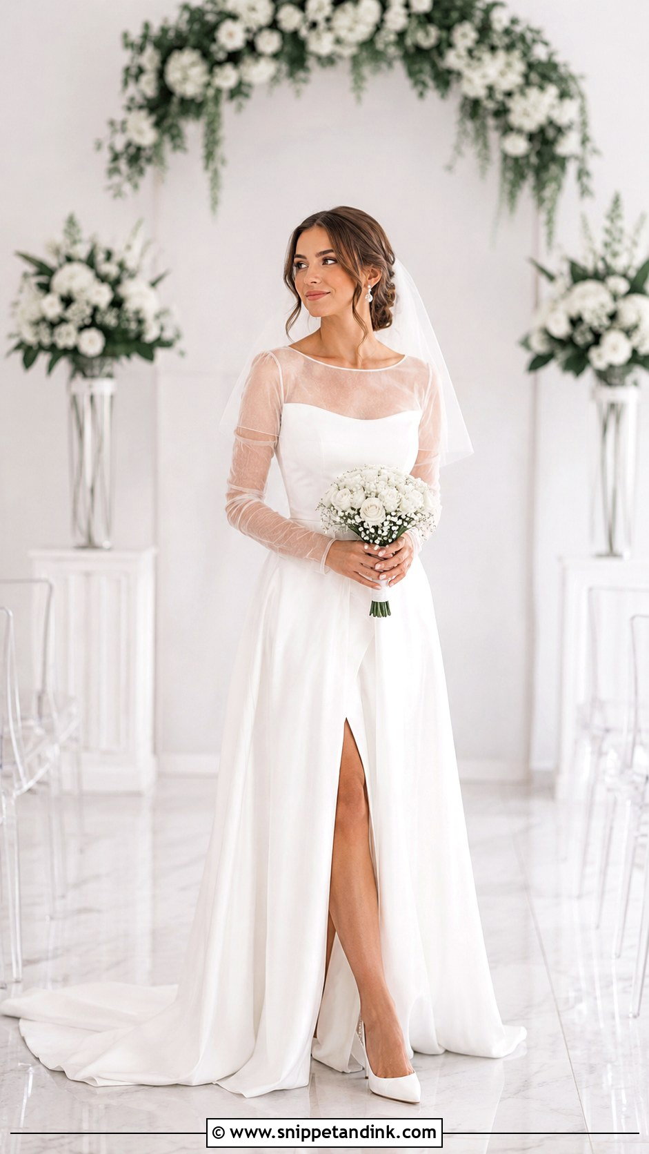 Sheer Sleeve Dress With Satin Shoes - Snippet and Ink - 30 Vegas Elopement Dress Ideas