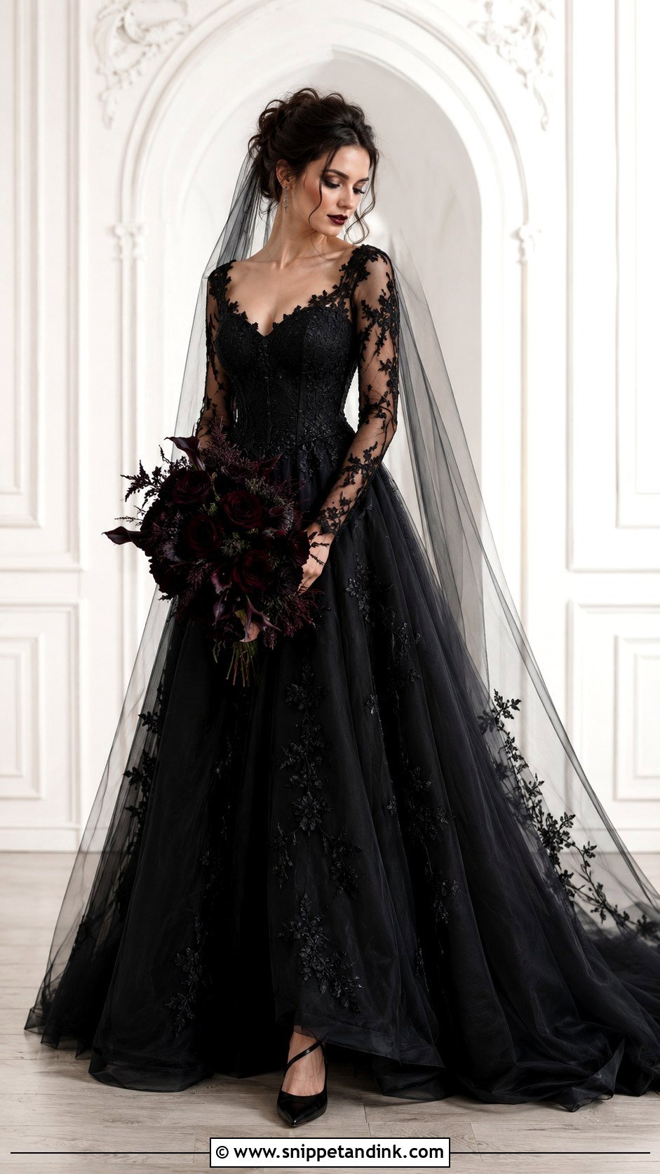 Sheer Sleeve Gothic Black Wedding Dress - Snippet and Ink - 25 Gothic Black Wedding Dress Ideas