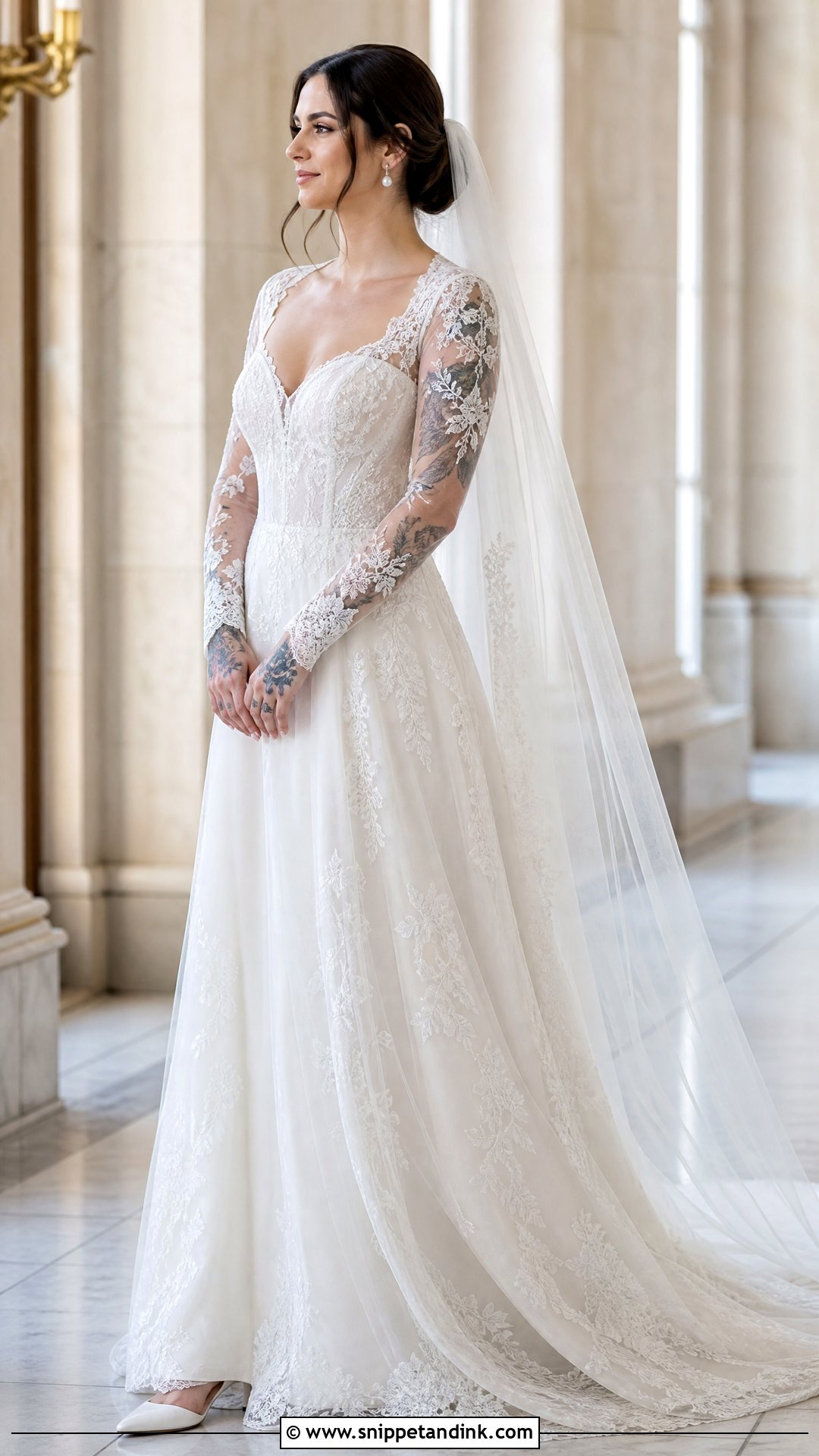Sheer Sleeve Lace Wedding Dress - Snippet and Ink - 20 Wedding Dresses Tattooed Women