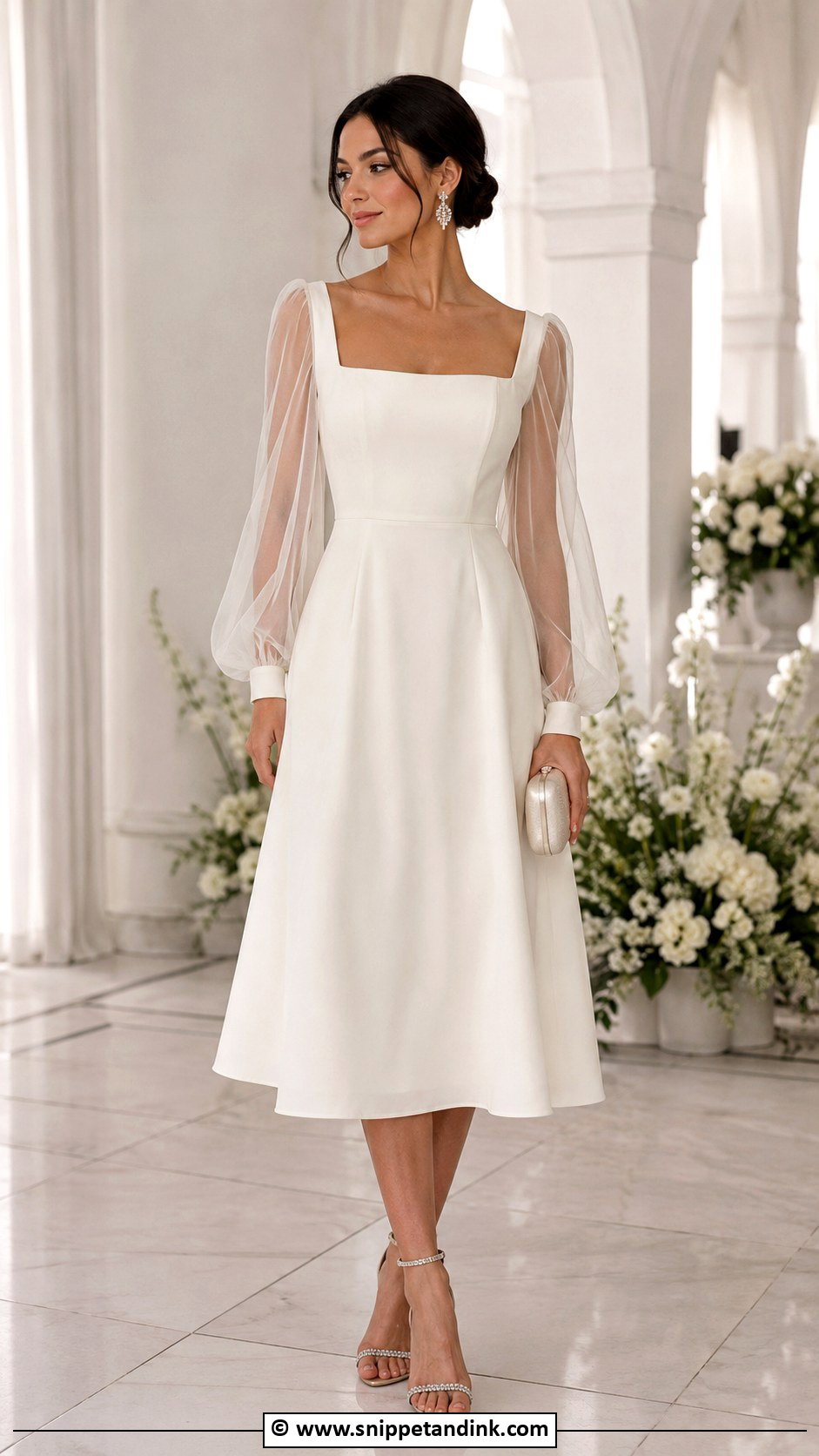 Sheer Sleeve Midi Wedding Dress With Crystal Heels - Snippet and Ink - 30 Midi Wedding Dress Ideas