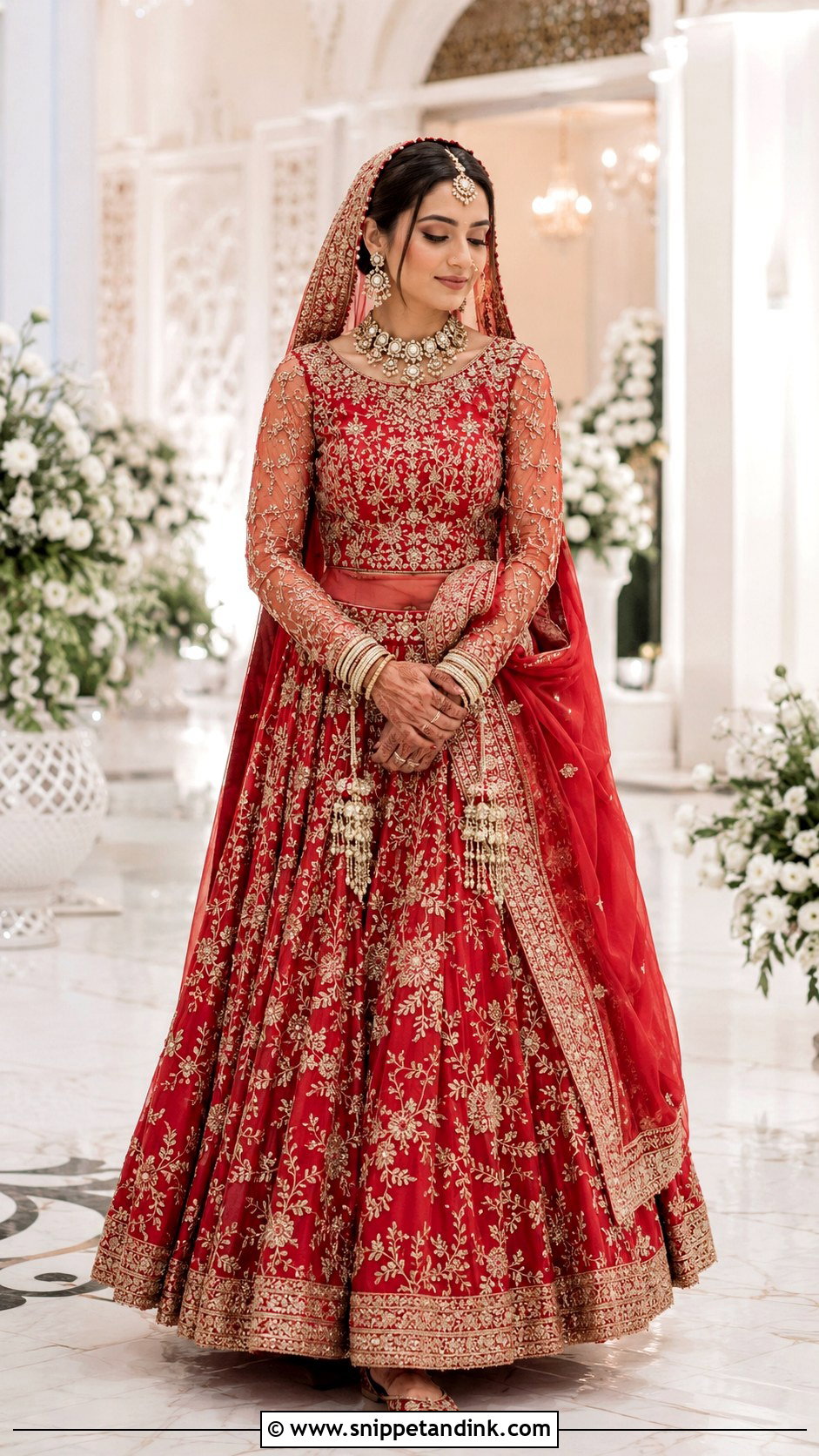 Sheer Sleeve Red Bridal Blouse With Lehenga - Snippet and Ink - 20 Red Bridal Blouse Ideas