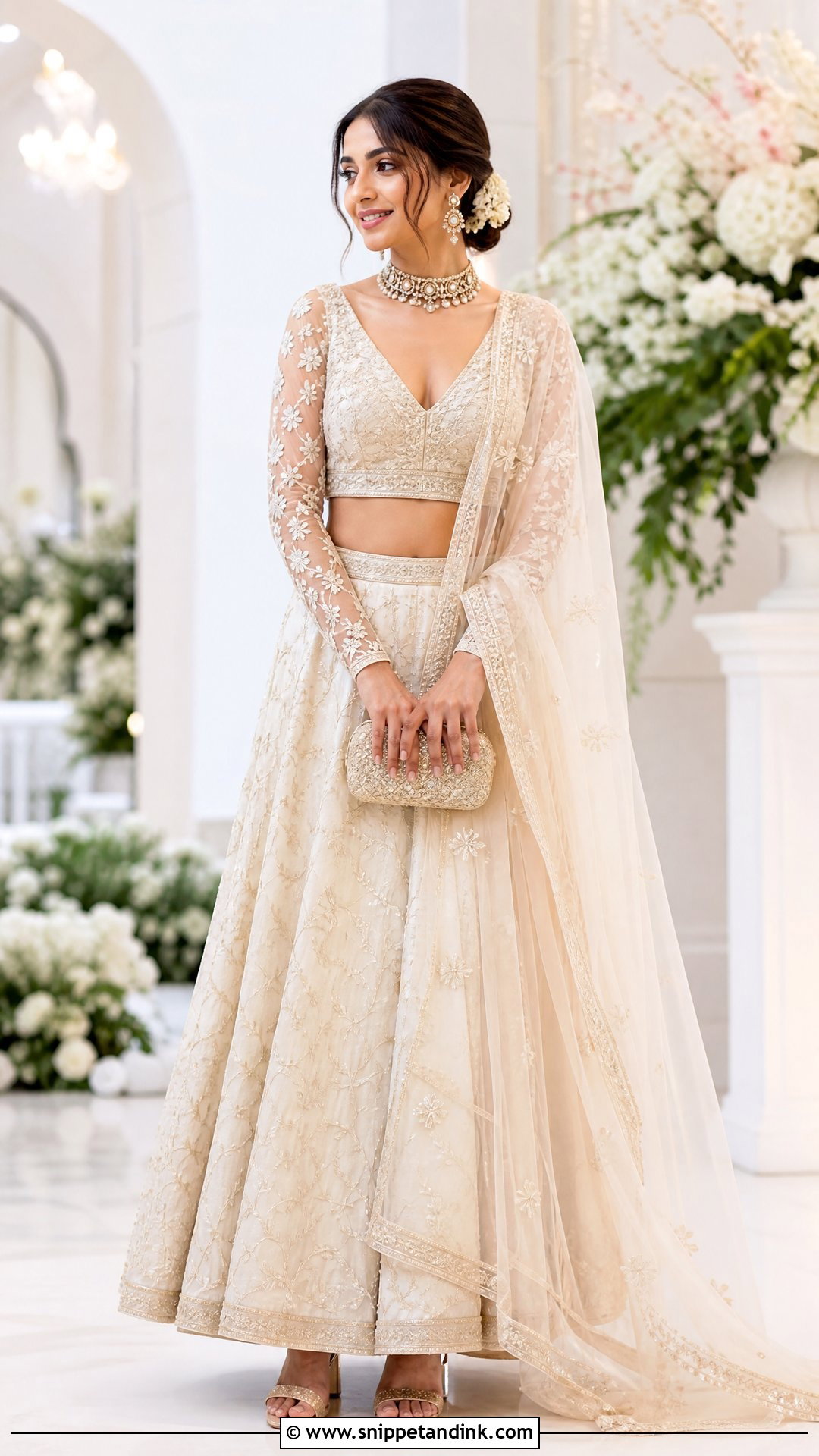 Sheer Sleeve V Neck Bridal Blouse With Lehenga - Snippet and Ink - 20 V Neck Bridal Blouse Ideas