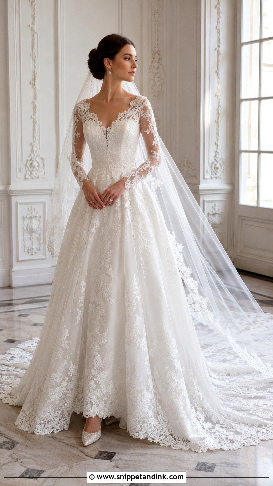 Sheer Sleeve Wedding Dress Ballgown With Lace Train - Snippet and Ink - 25 Extravagant Wedding Dress Ballgown Ideas