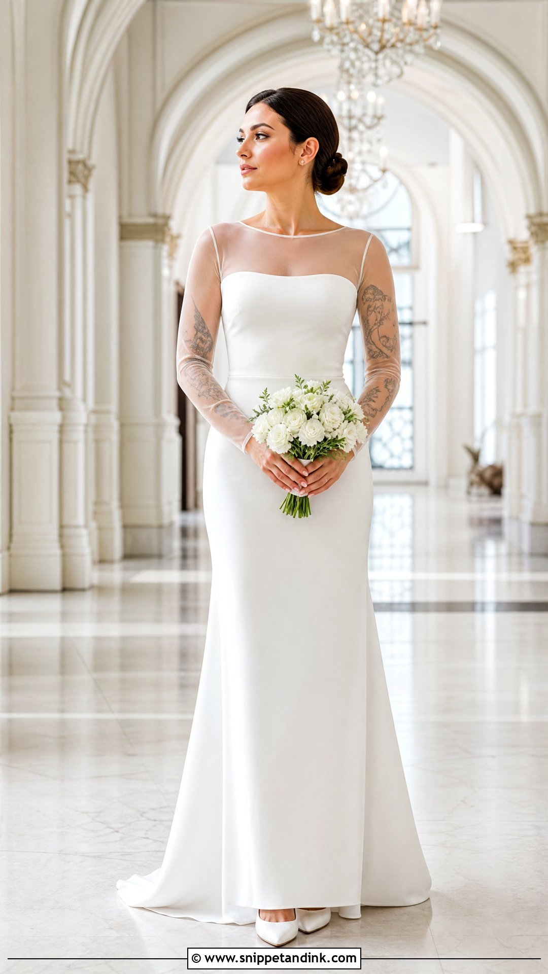 Sheer Sleeve Wedding Dress With Arm Tattoos - Snippet and Ink - 20 Tattoos in Wedding Dress Ideas