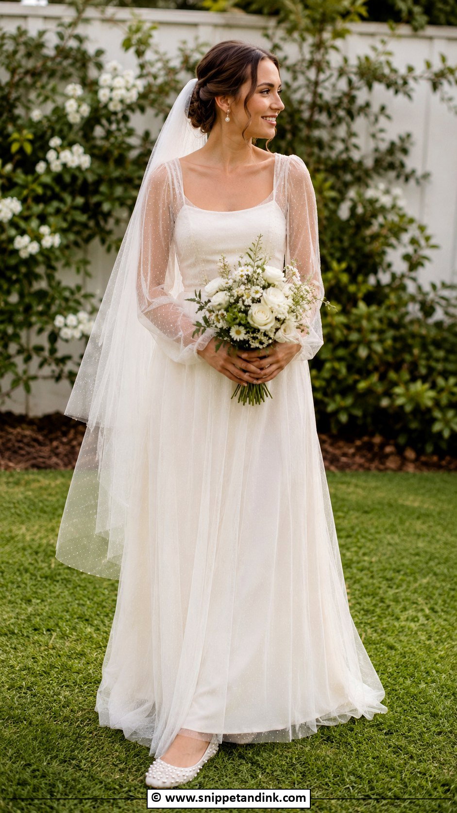 Sheer Sleeve Wedding Dress With Pearl Flats - Snippet and Ink - 30 Backyard Wedding Dress Ideas