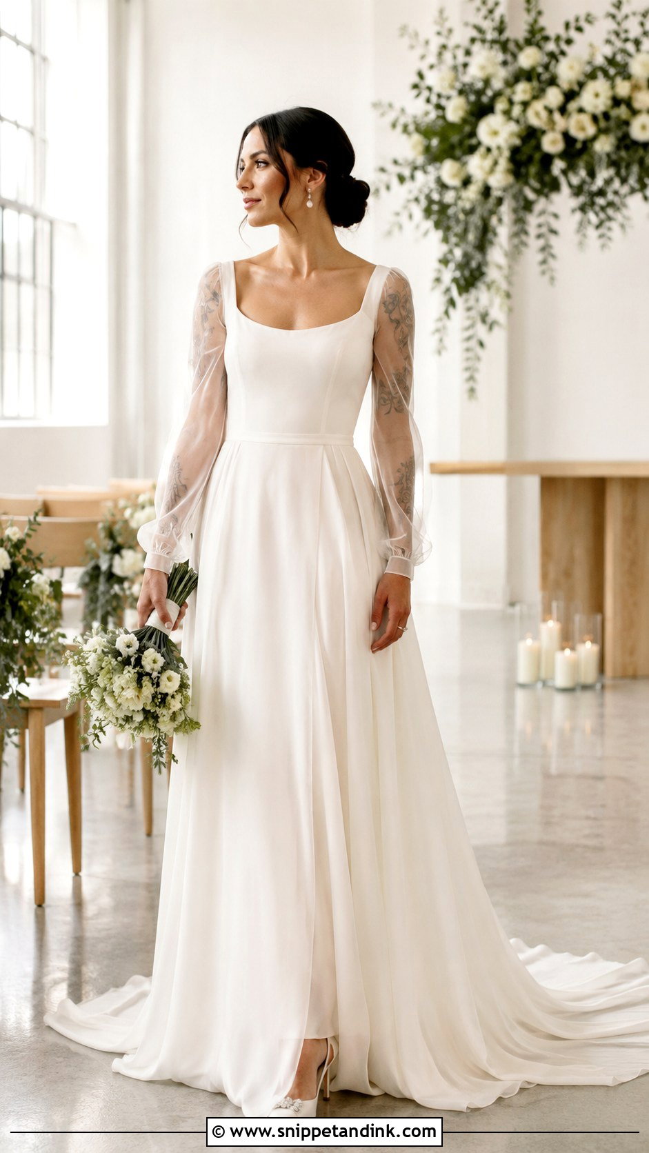 Sheer Sleeve Wedding Dress With Tattoos - Snippet and Ink - 25 Wedding Dress with Tattoos Ideas