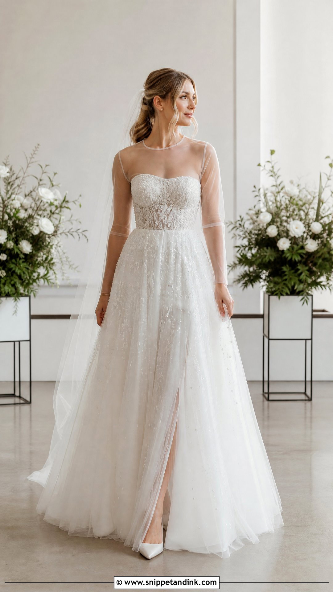 Sheer Tulle Bolero With Strapless A Line Dress - Snippet and Ink - 20 Wedding Bolero Long Sleeve Ideas