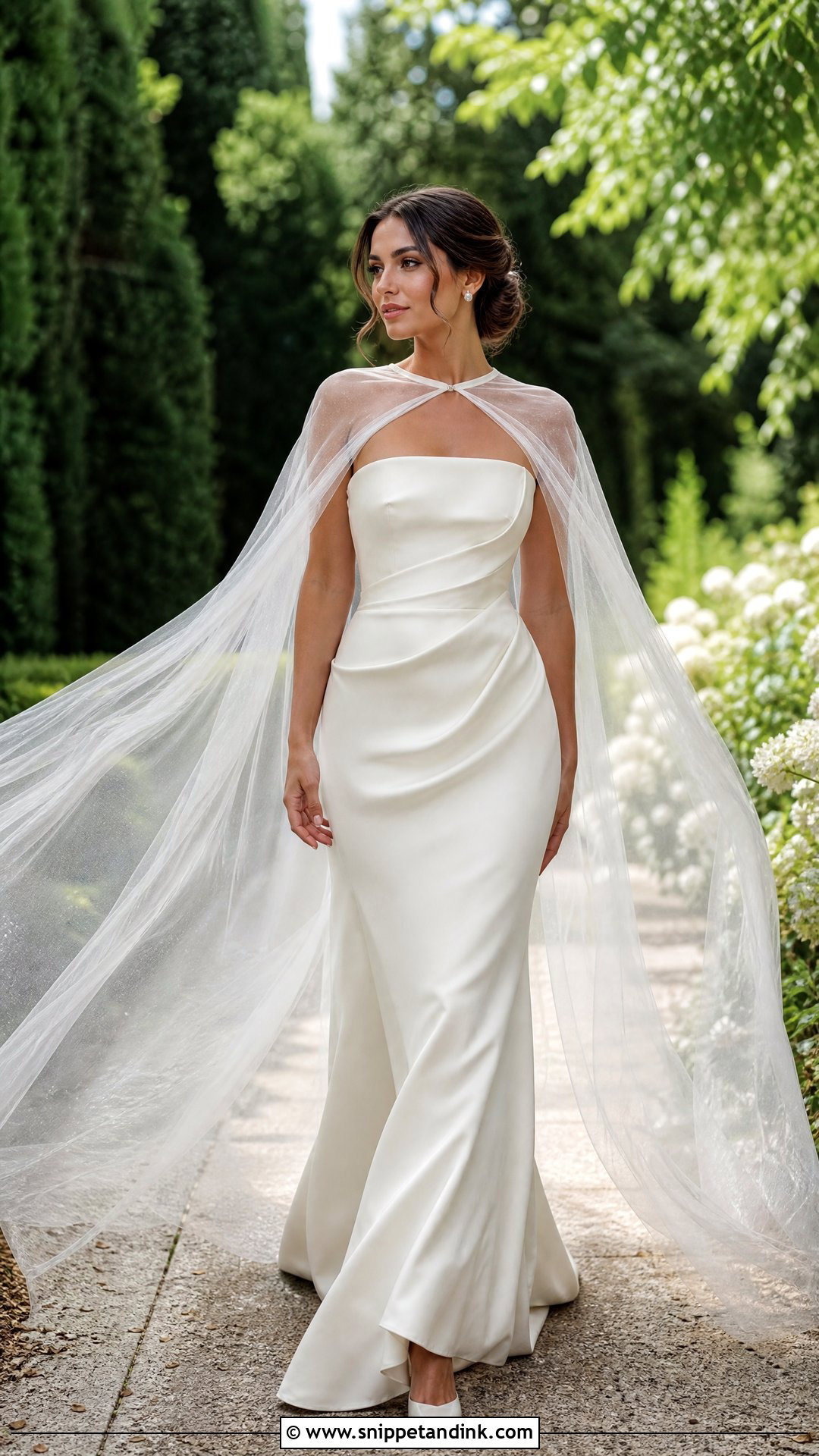 Sheer Tulle Bride Cape With Satin Wedding Dress - Snippet and Ink - 25 Bride Cape Ideas