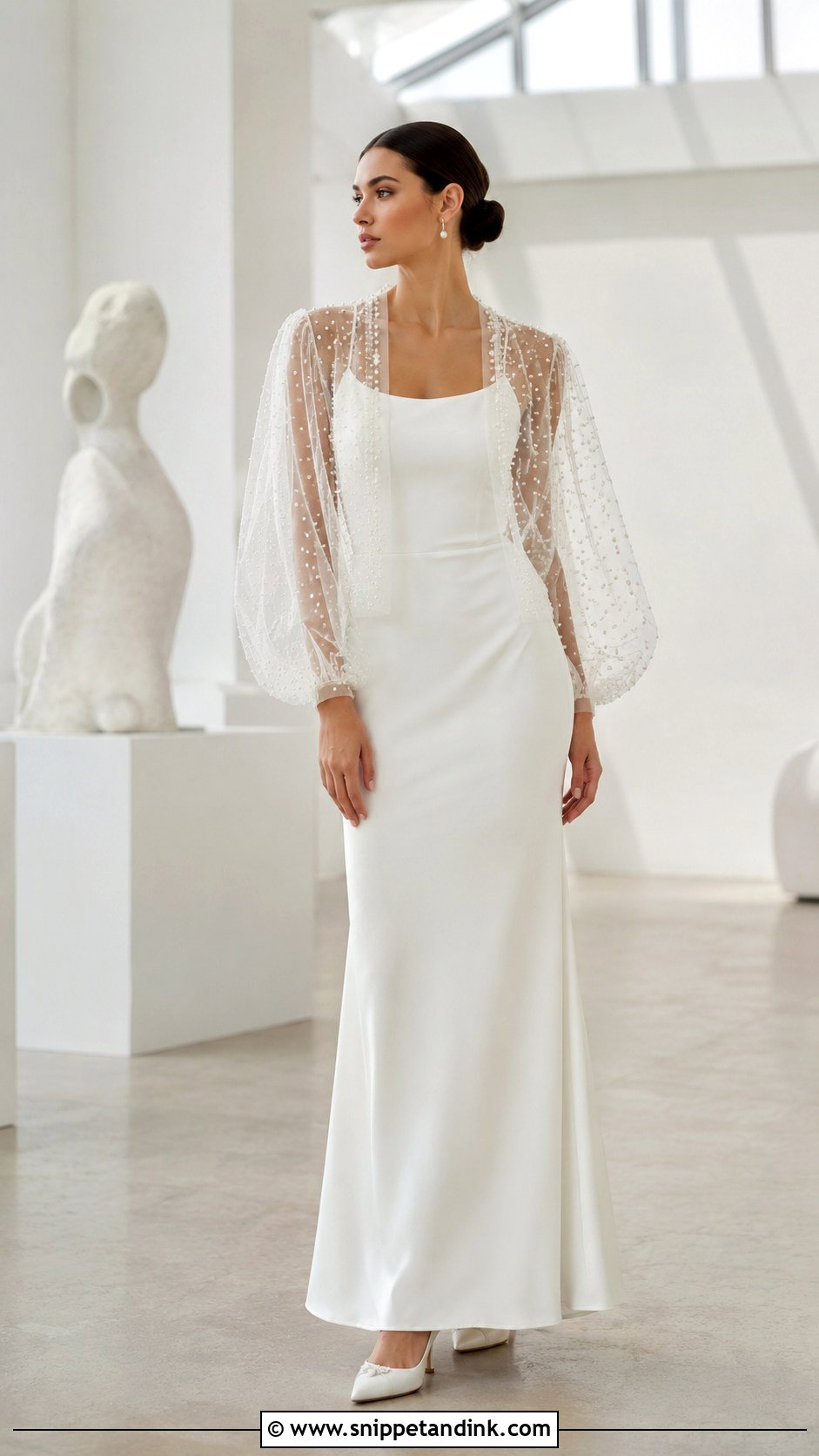 Sheer Tulle Jacket With Column Wedding Dress - Snippet and Ink - 20 Wedding Dress with Jacket Ideas