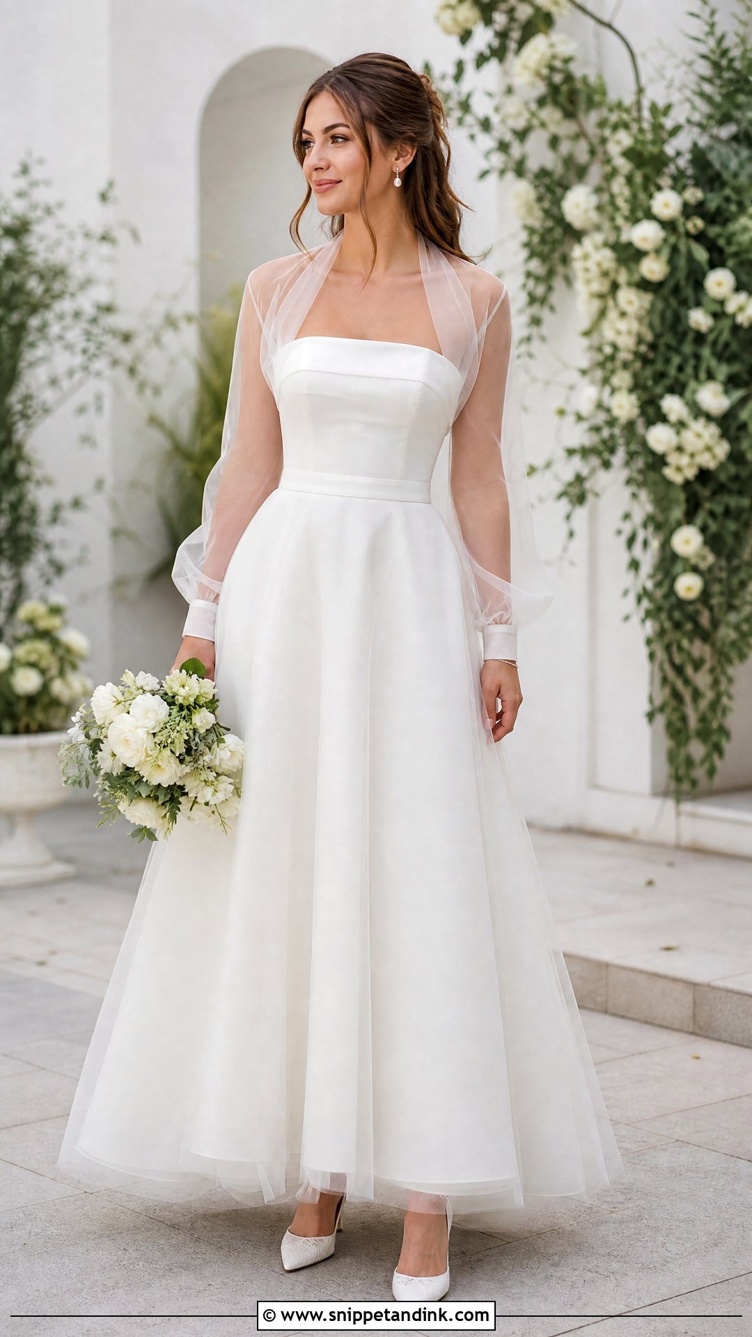 Sheer Tulle Jacket With Strapless Wedding Dress - Snippet and Ink - 20 Wedding Jacket Bride Cover Up Ideas
