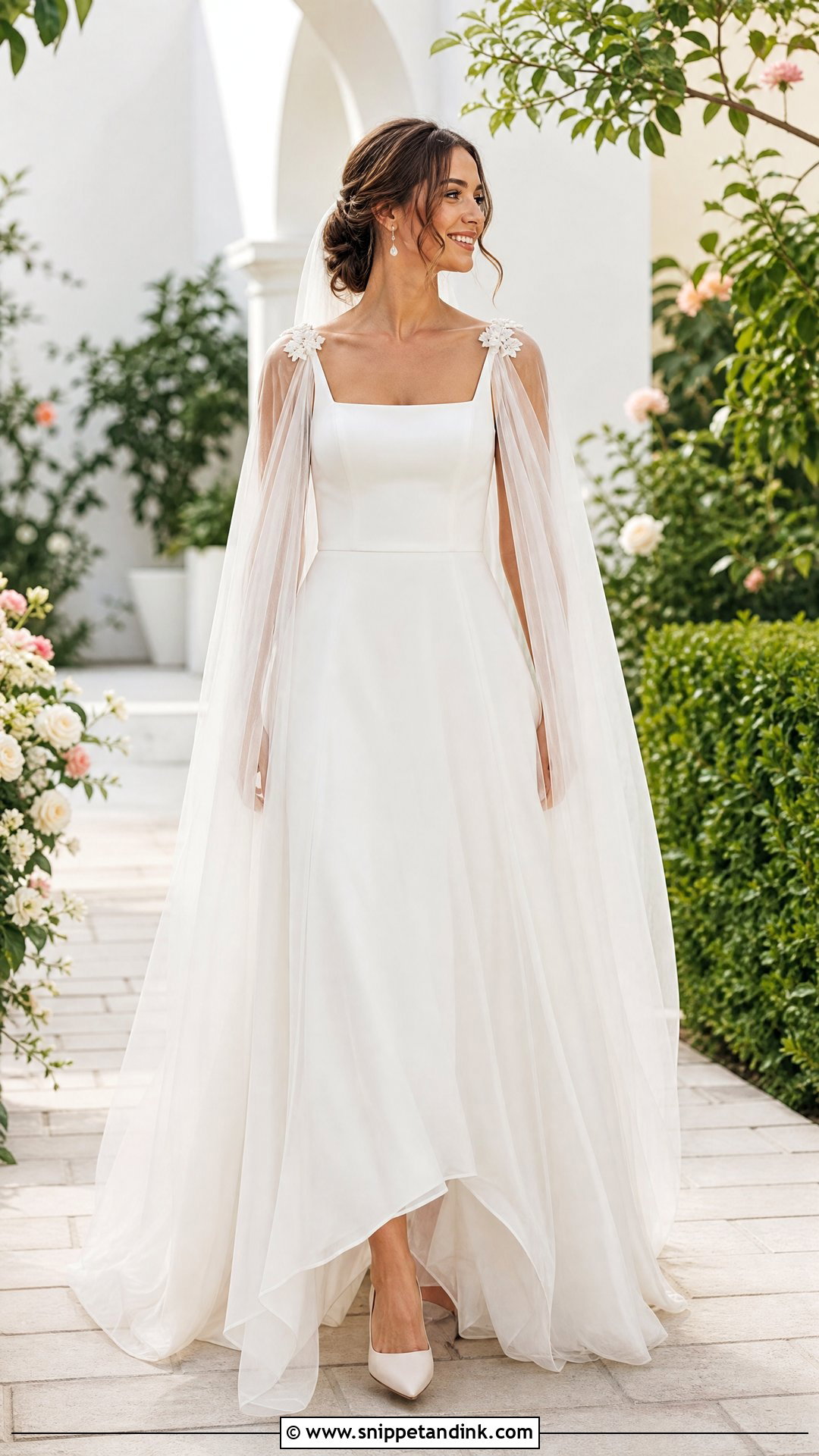 Sheer Tulle Wedding Cloak With A Line Dress - Snippet and Ink - 25 Wedding Cloak Ideas