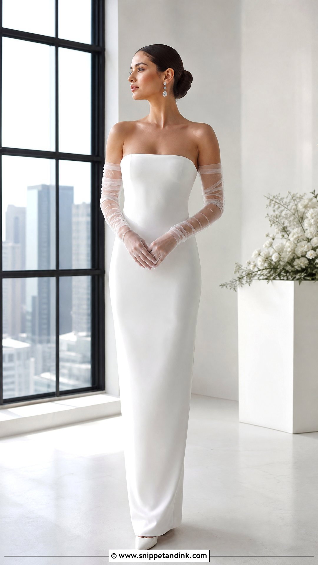 Sheer Tulle Wedding Dress Gloves With Column Gown - Snippet and Ink - 25 Wedding Dress Gloves Ideas