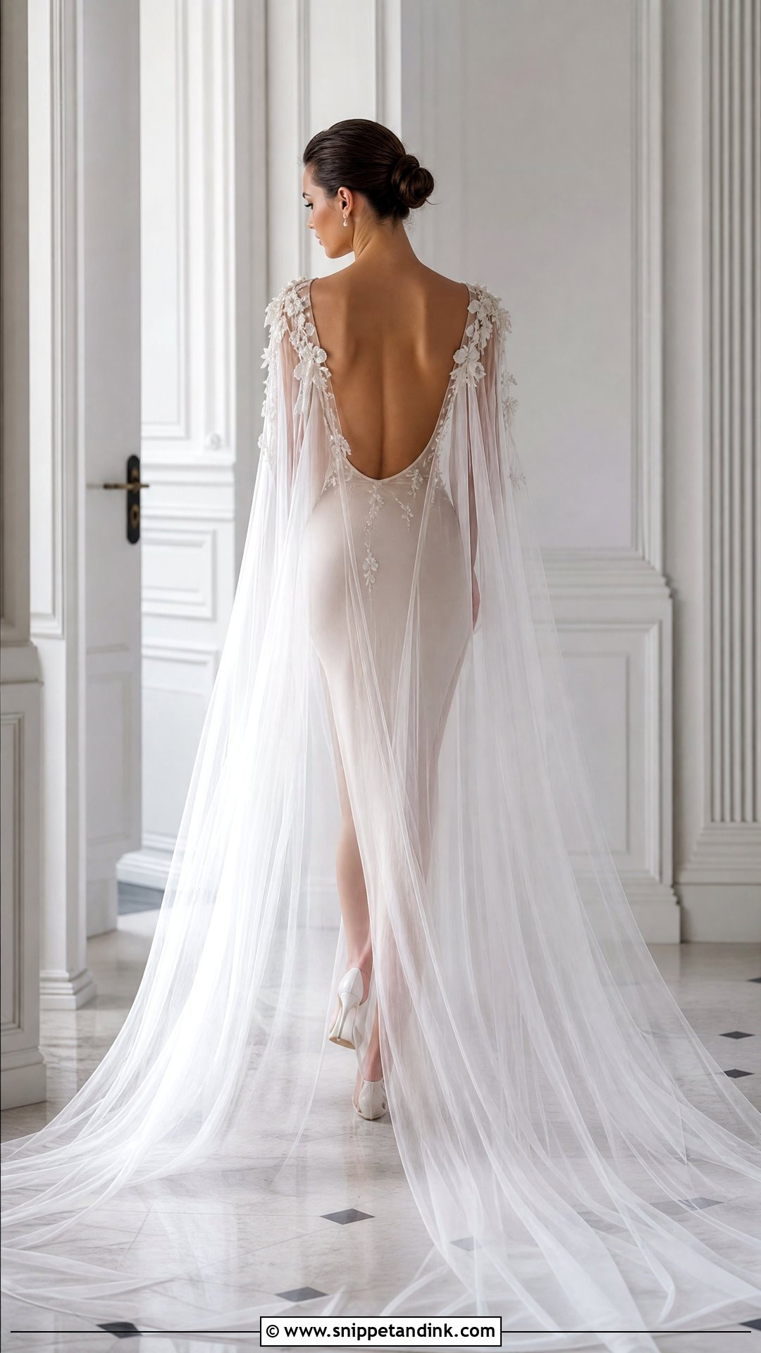Sheer Wedding Cloak With Backless Dress - Snippet and Ink - 25 Wedding Cloak Ideas